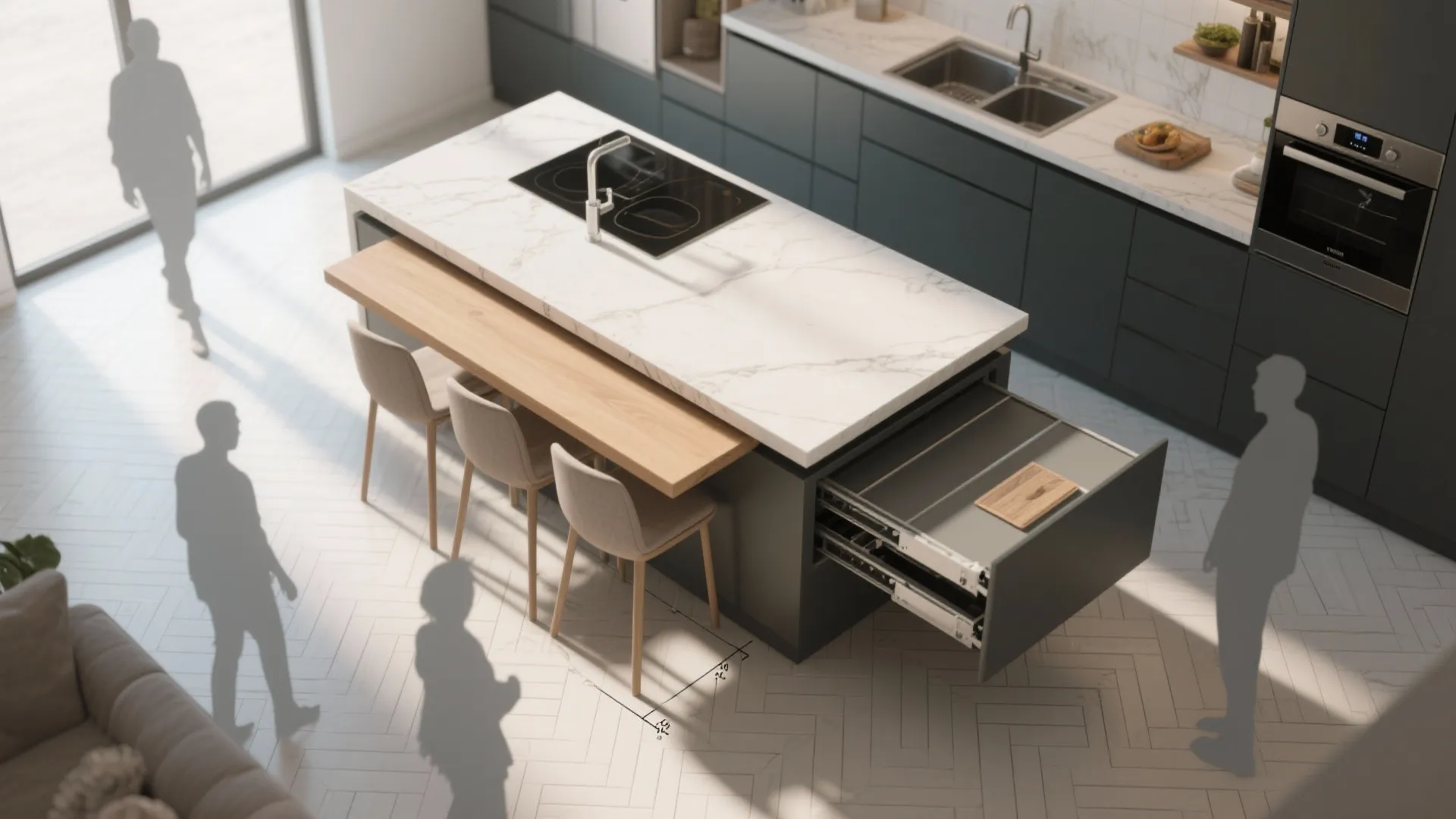 Top-down view of a kitchen island with a sliding table extension partially pulled out, showing seating and mechanism.