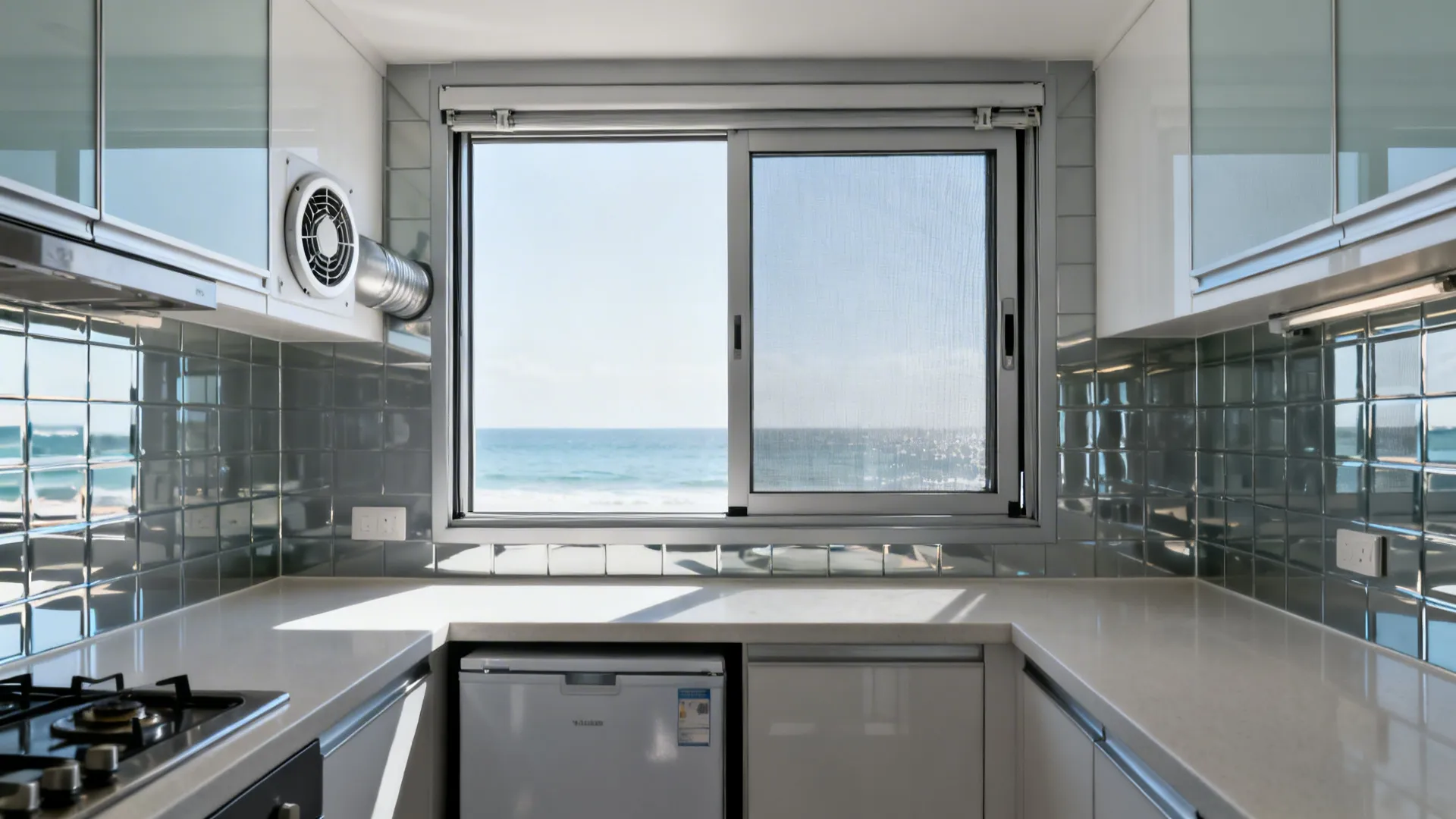 Sliding kitchen window with an exhaust fan mounted in a fixed laminated glass panel.
