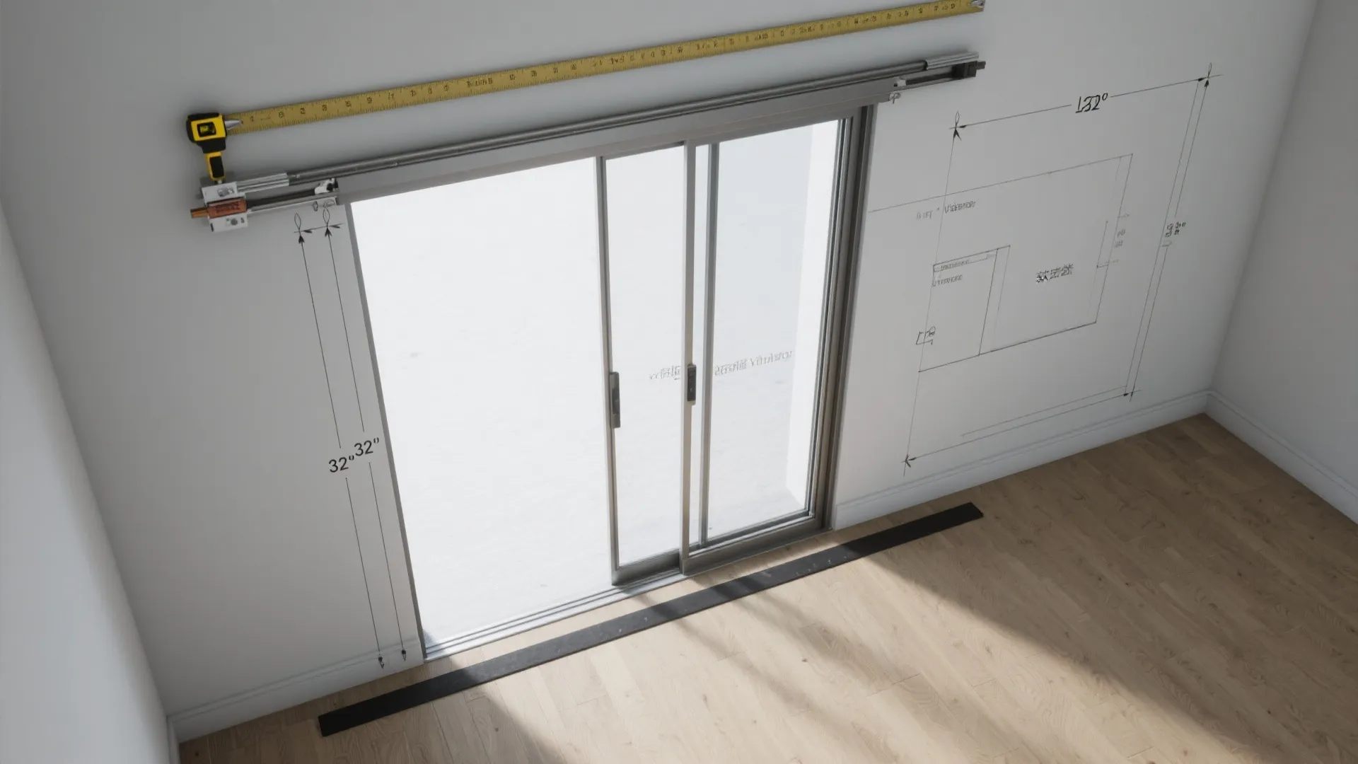 Interior design drawing showing sliding door installation with tape measure and wall layout height measurements