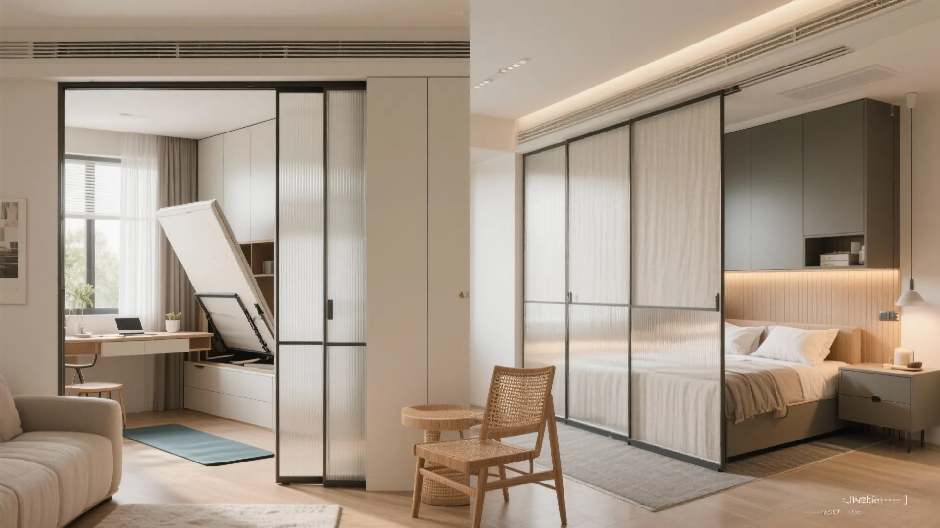 Sliding partitions and multifunctional furniture