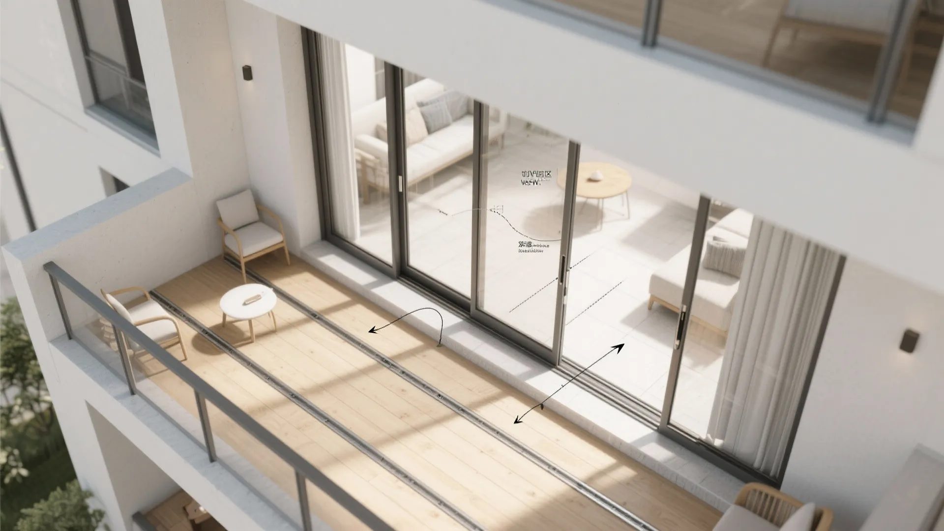 Top-down interior design drawing of balcony with sliding glass doors, wooden floor, and outdoor furniture