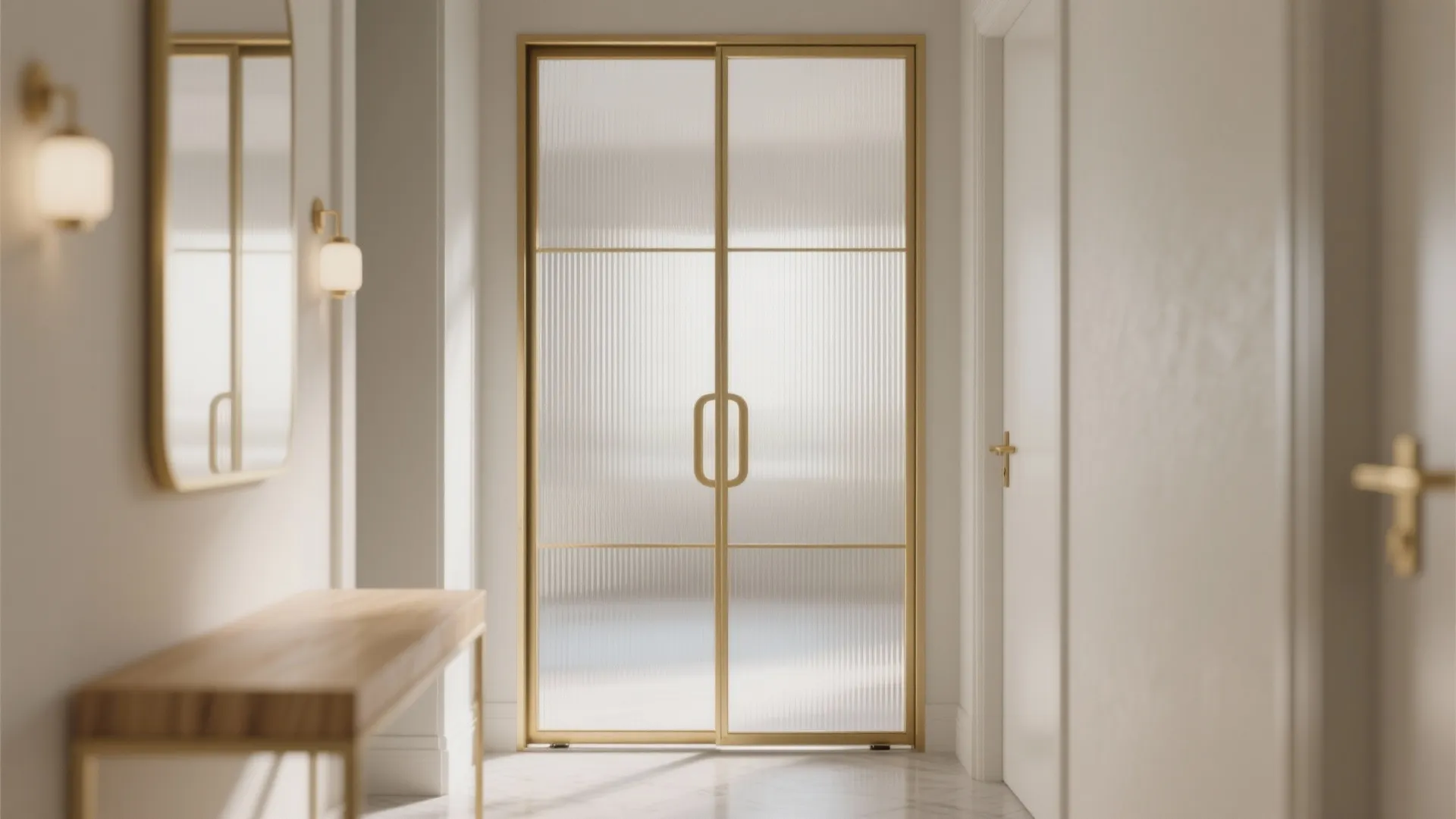 Sliding fluted glass pooja doors with a slim brass frame in a narrow hallway, softly diffusing ritual light.