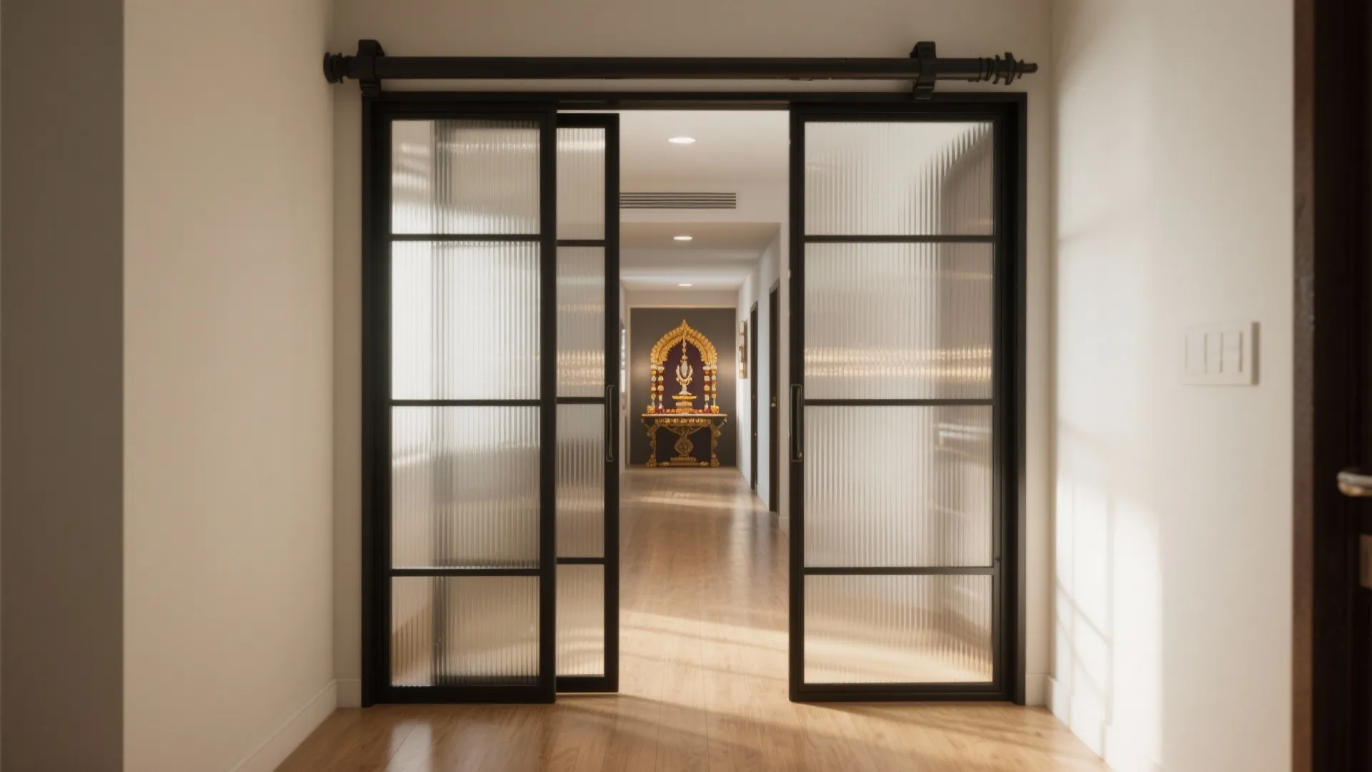 3) Sliding fluted-glass doors with slim black frames