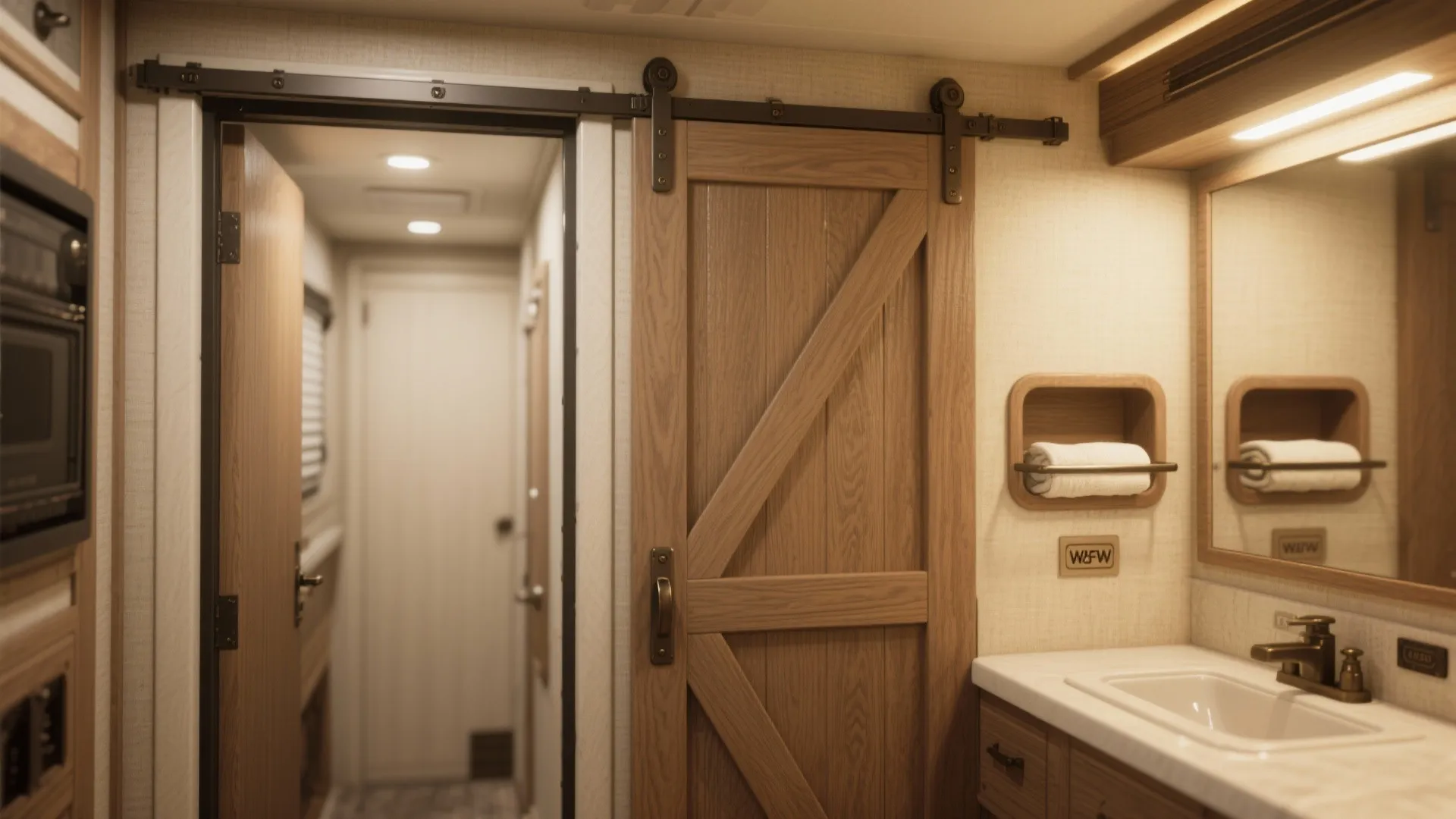 Close-up of pocket and sliding barn-style doors with hardware and a slim linen shelf in an RV.