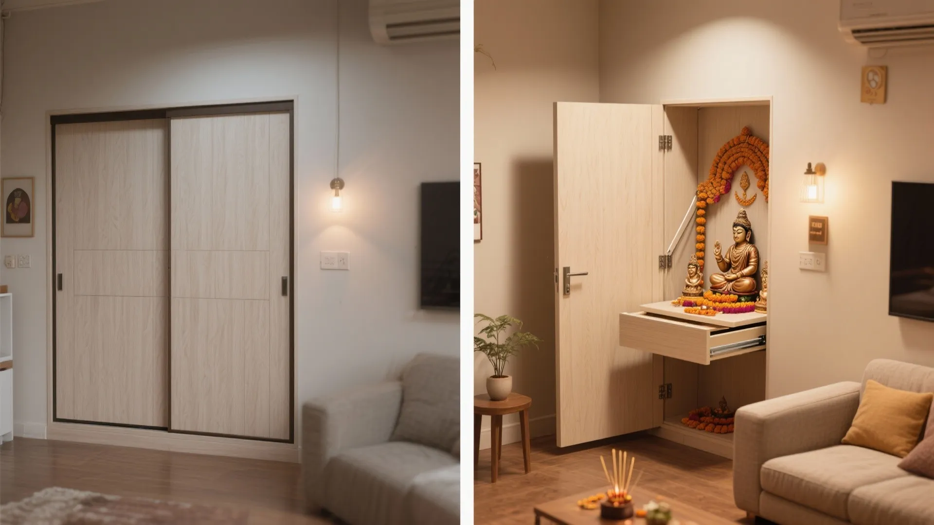 Sliding-door wardrobe with fold-out pooja altar