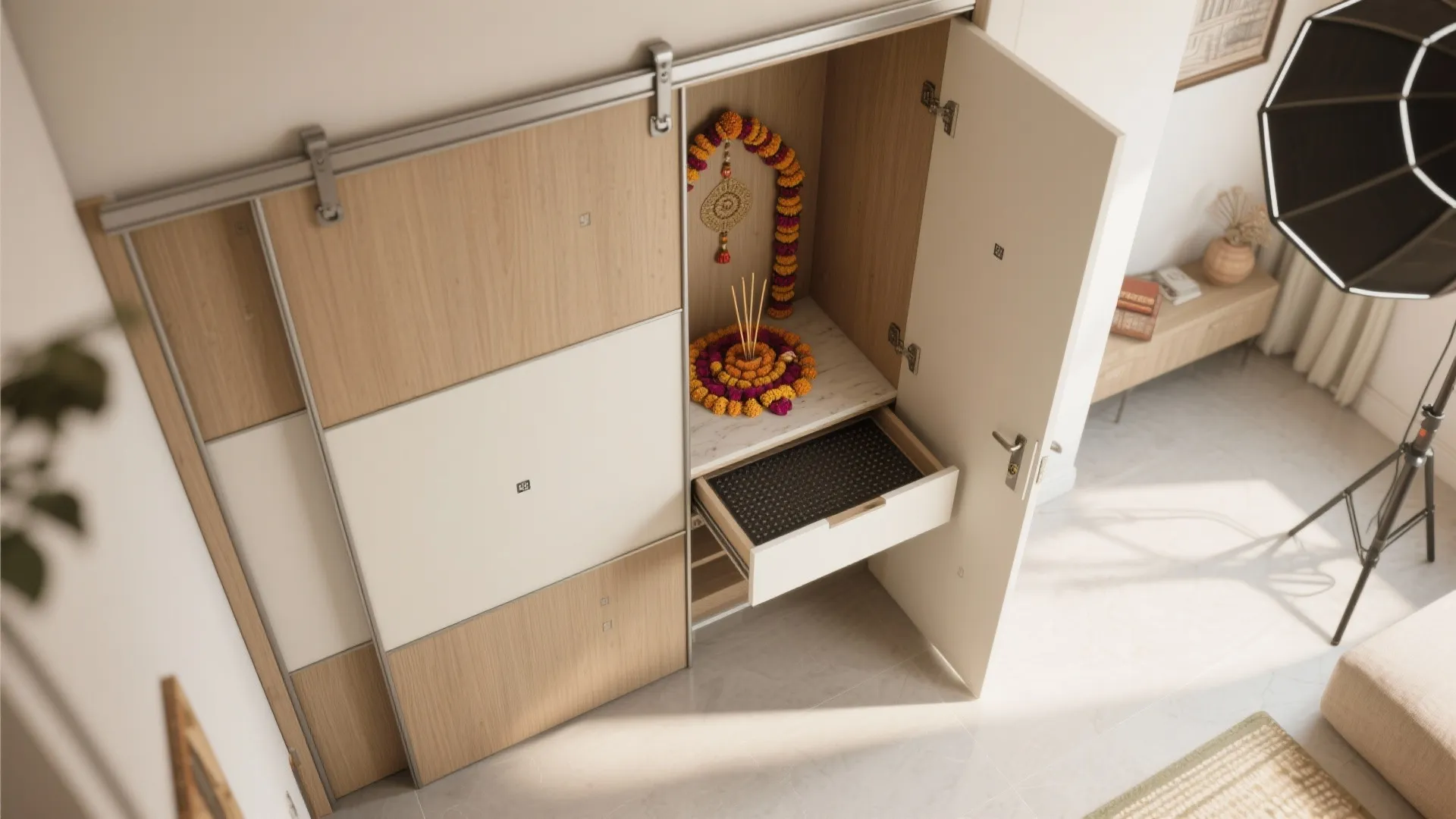 Sliding-door wardrobe with fold-out pooja altar