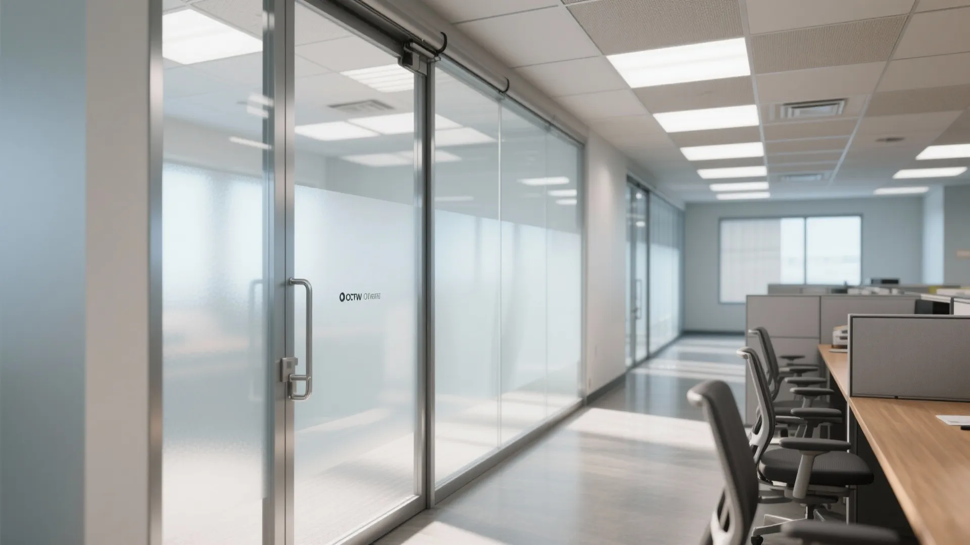 Modern office interior with frosted glass sliding doors and several rows of desks and chairs