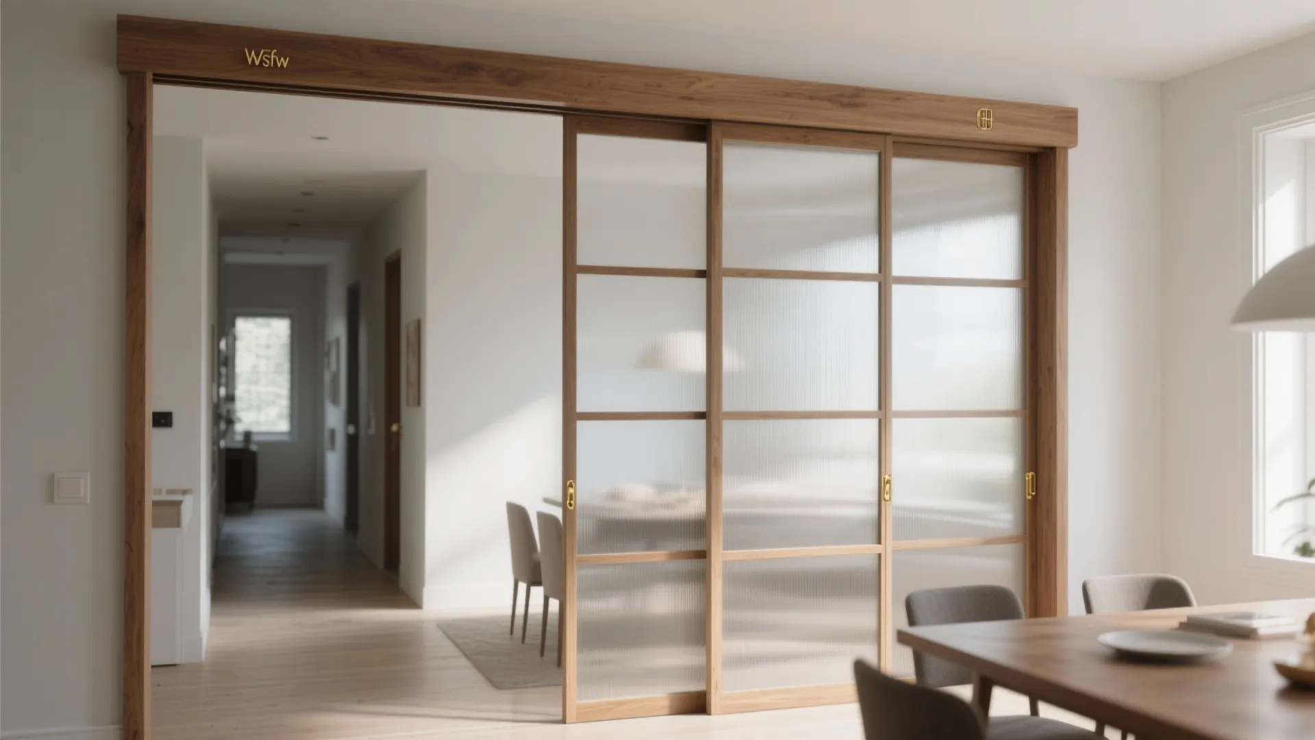 Modern wooden sliding doors with frosted glass panels separating a dining room from a hallway
