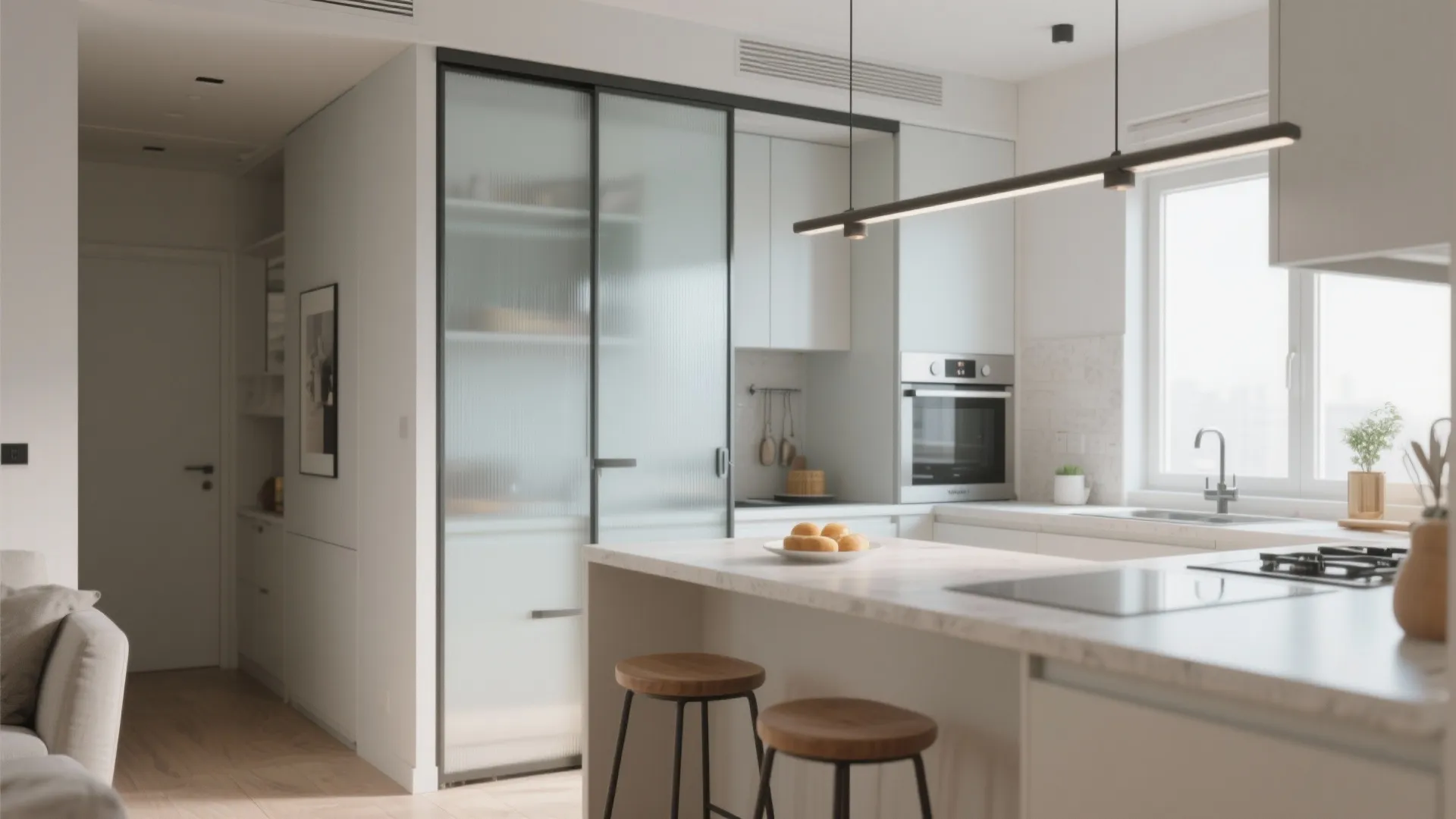 5. Frosted glass sliding doors for compact layouts