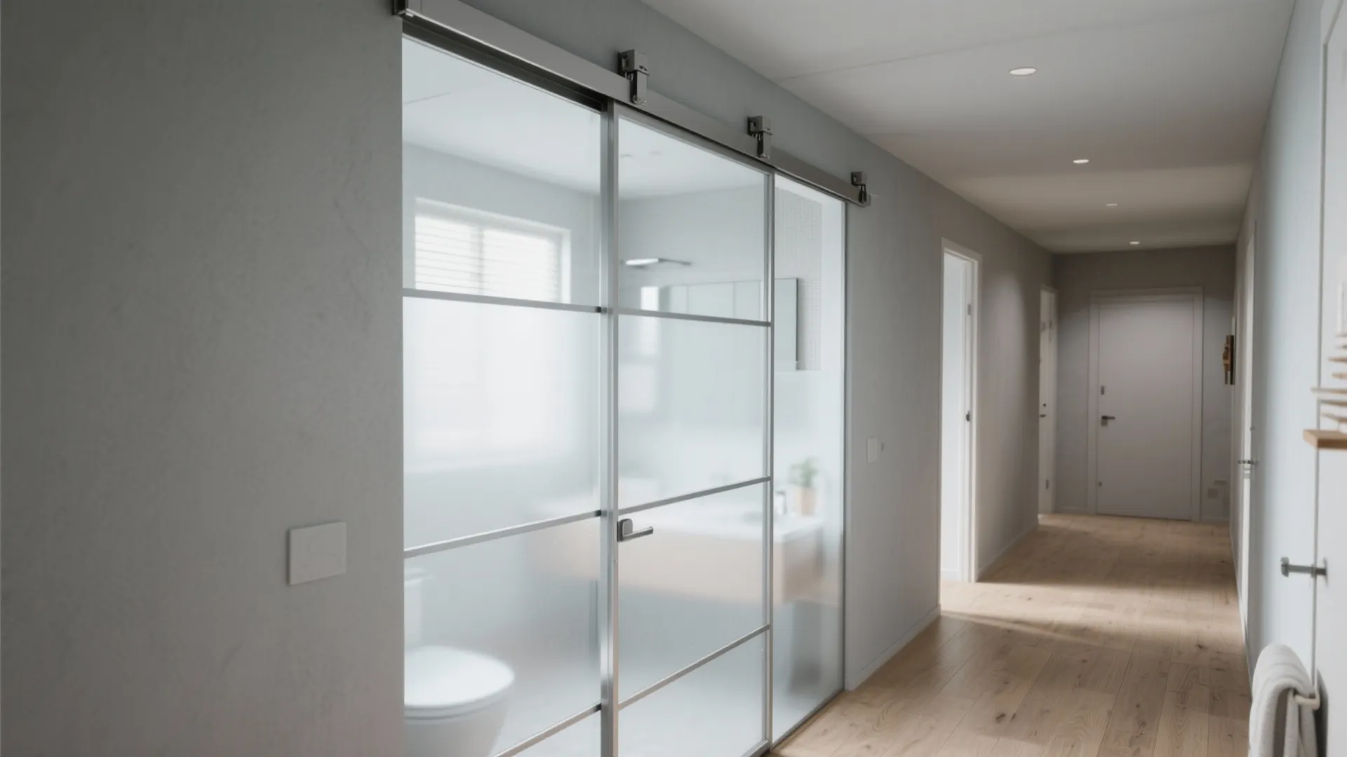 Sliding aluminium gate with frosted glass panels