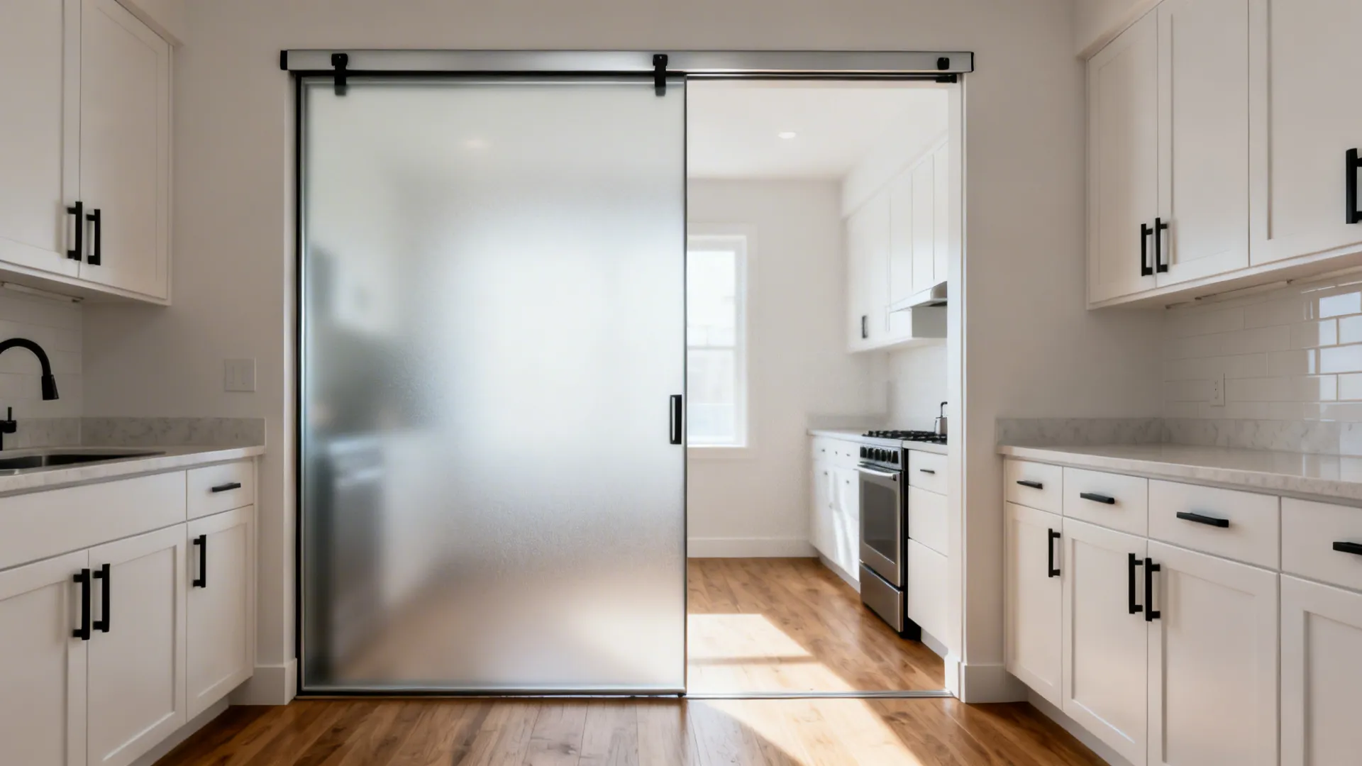 Satin-etched frosted sliding kitchen door preserving a clear walkway in a narrow galley.