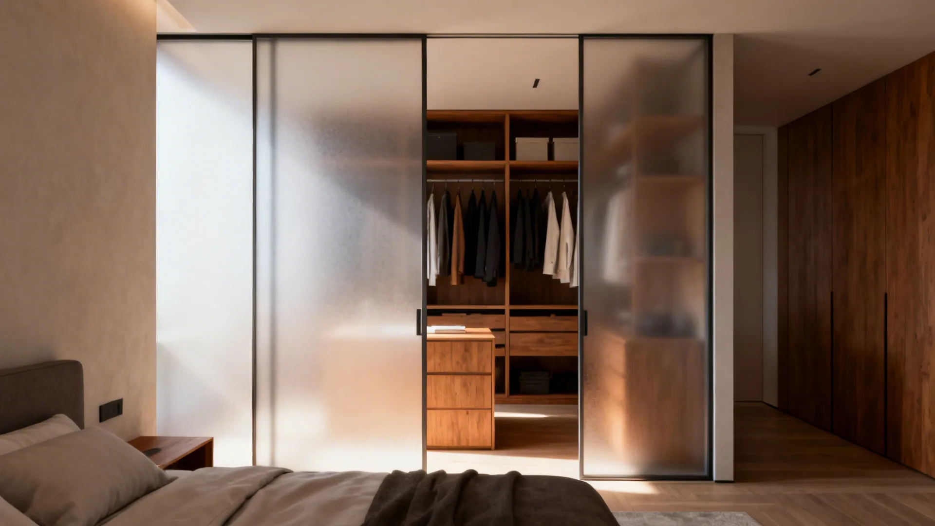 Bedroom with sliding frosted glass partition revealing an airy walk-in closet behind.
