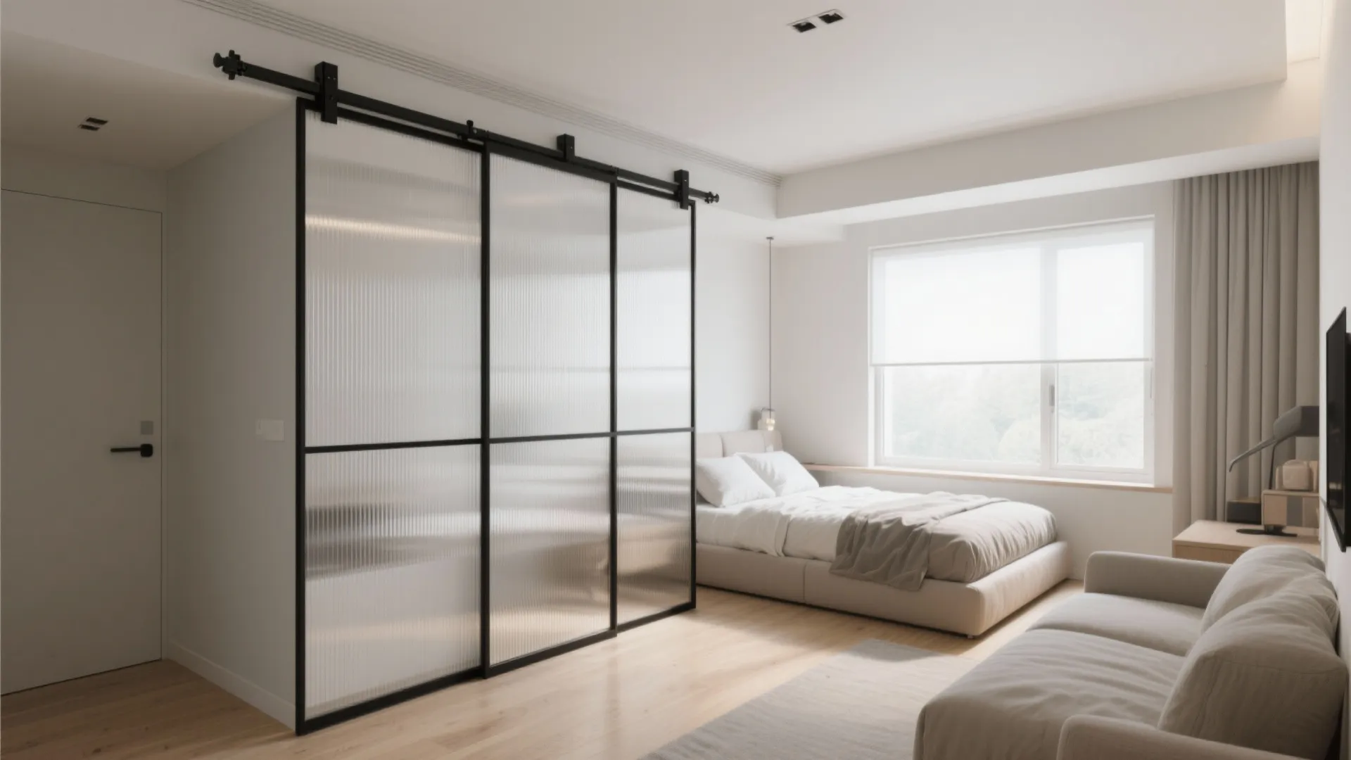 Modern studio apartment with glass sliding doors separating the bedroom and living room seating area