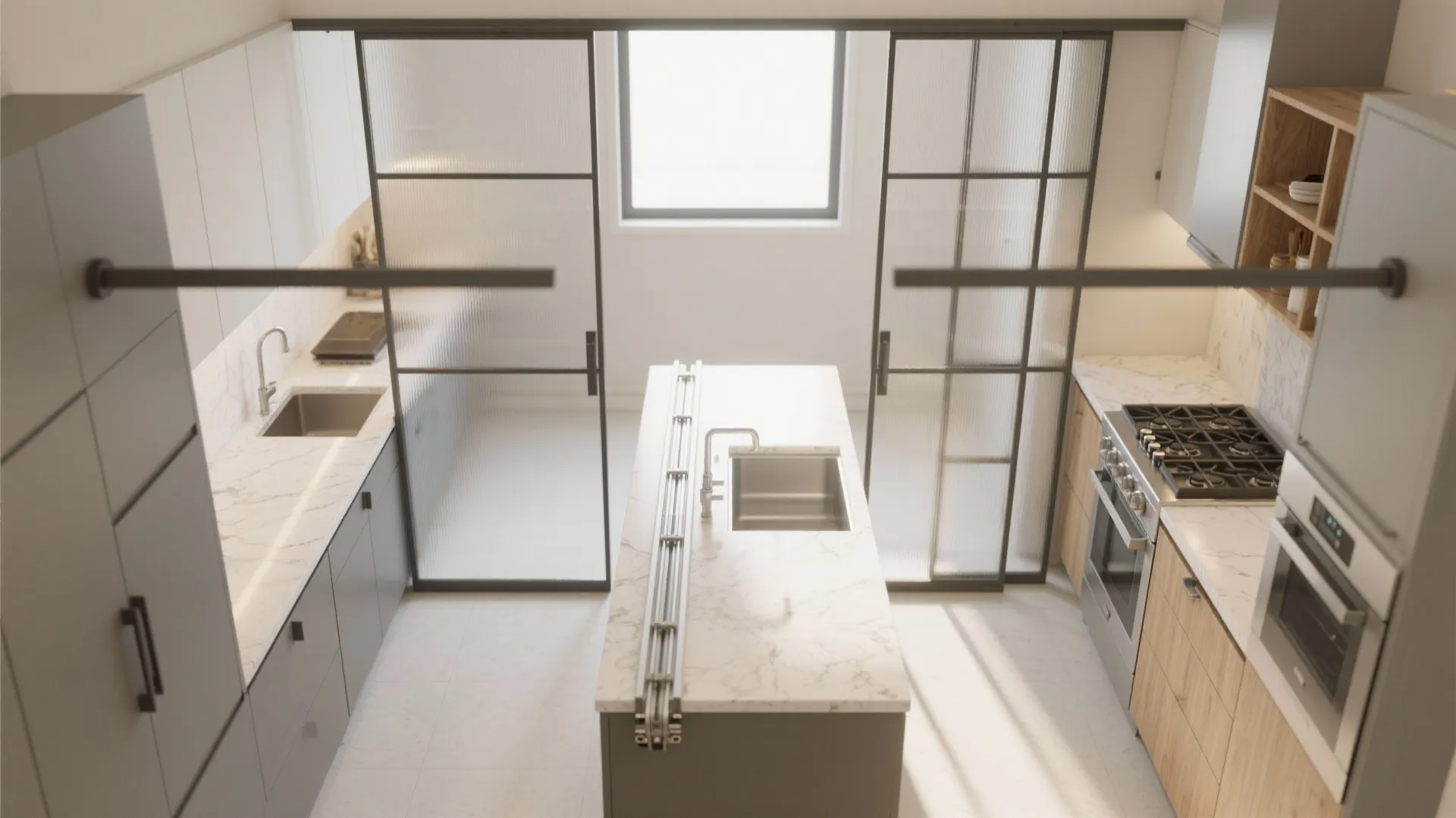 Idea 4: Sliding Glass Panels to Open a Galley Kitchen