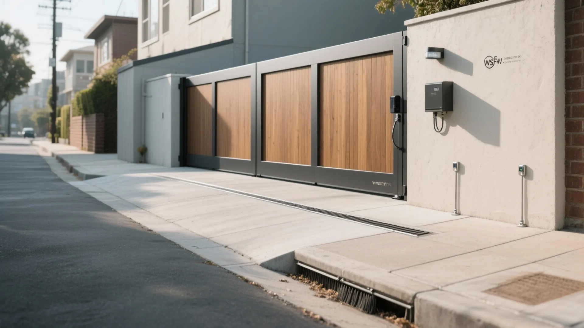 Automatic sliding driveway gate with wood panels and black metal frame on a sunny street