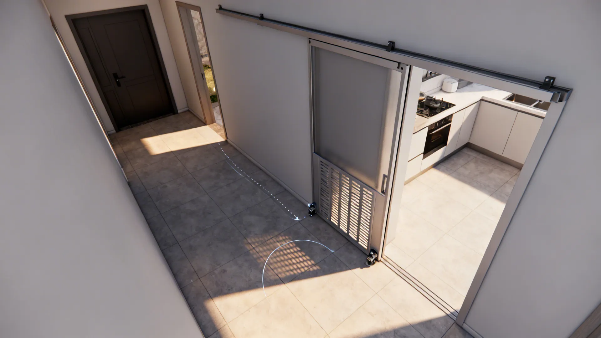 Top-down view of a narrow corridor with a top-hung sliding kitchen gate on a continuous upper track.