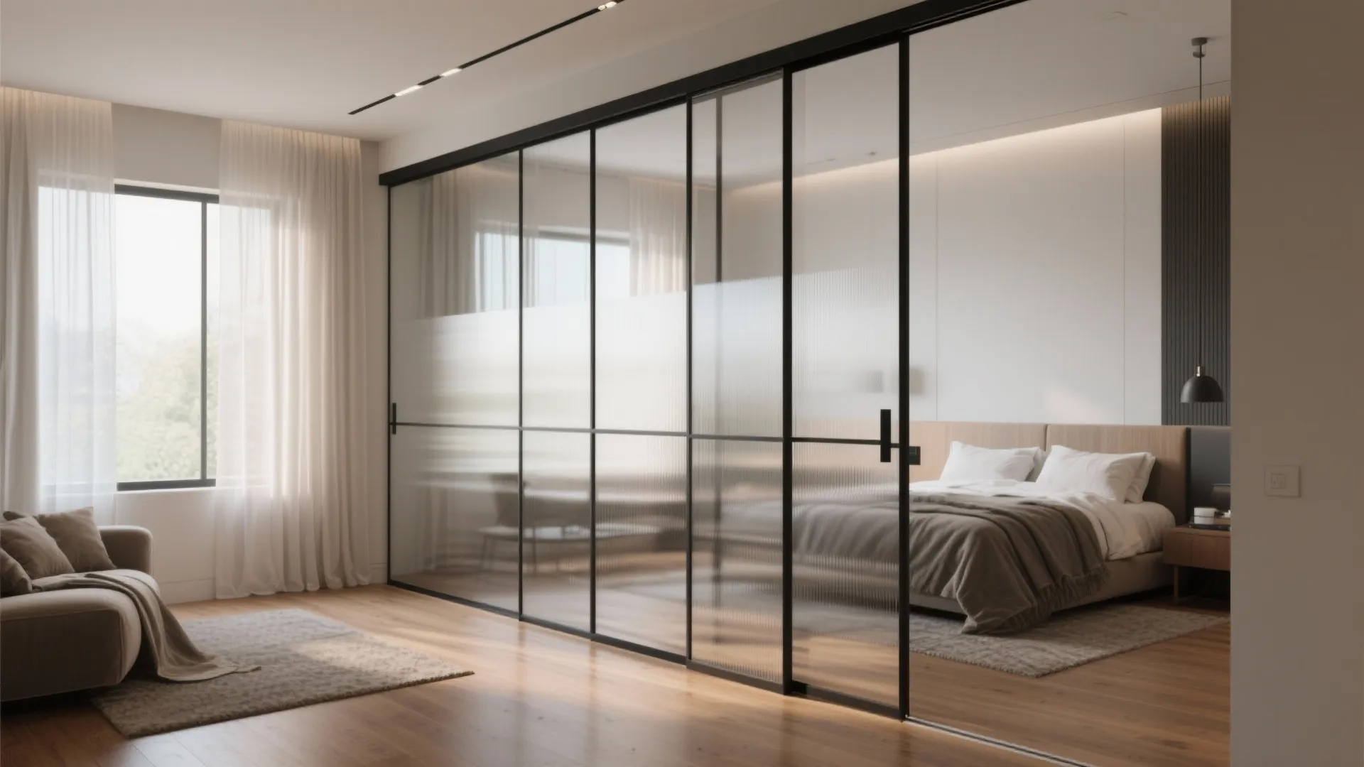 Black framed sliding glass doors separating a modern bedroom from living area with beige sofa