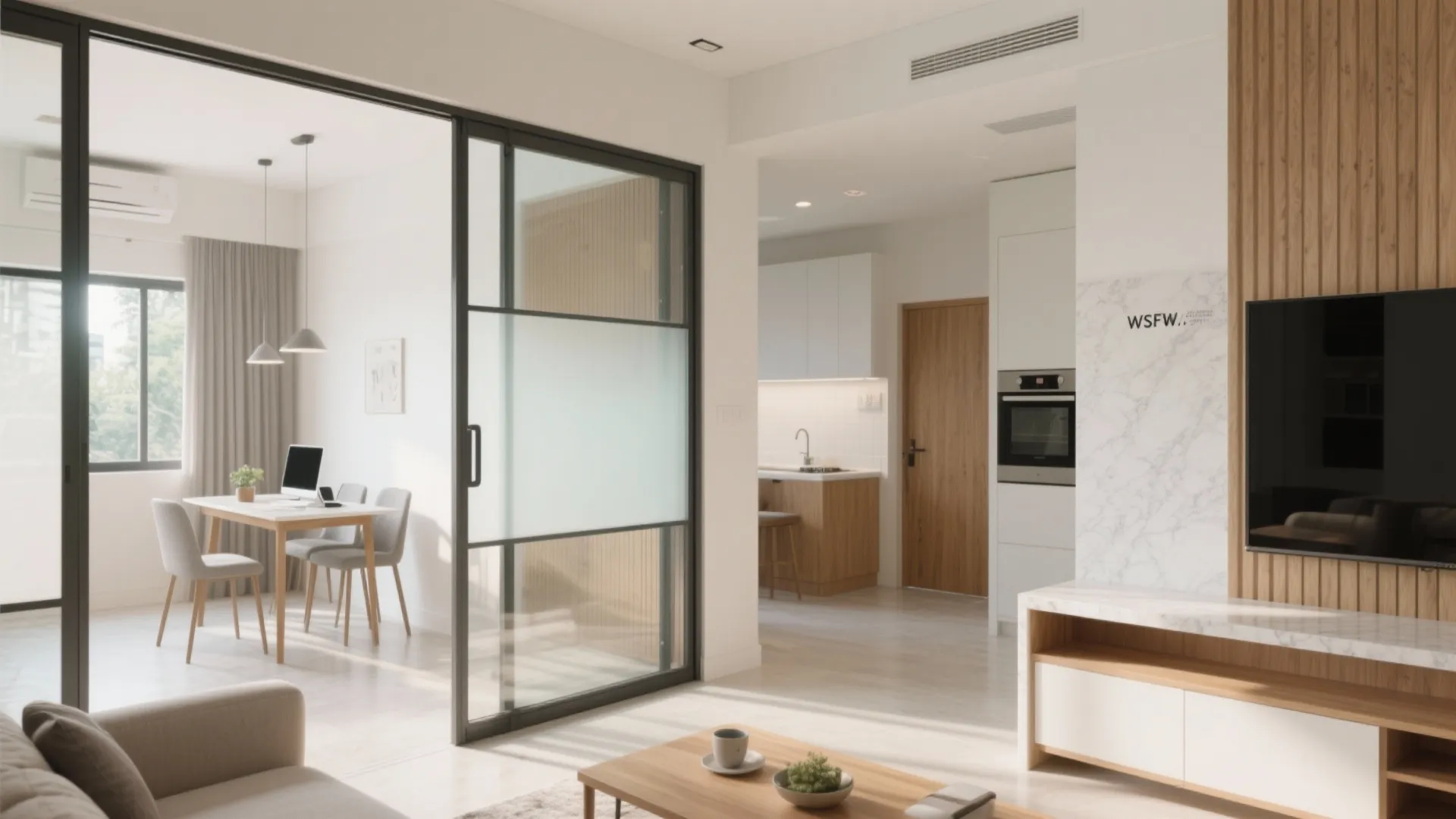 1) Sliding partition + open-plan living that flexes