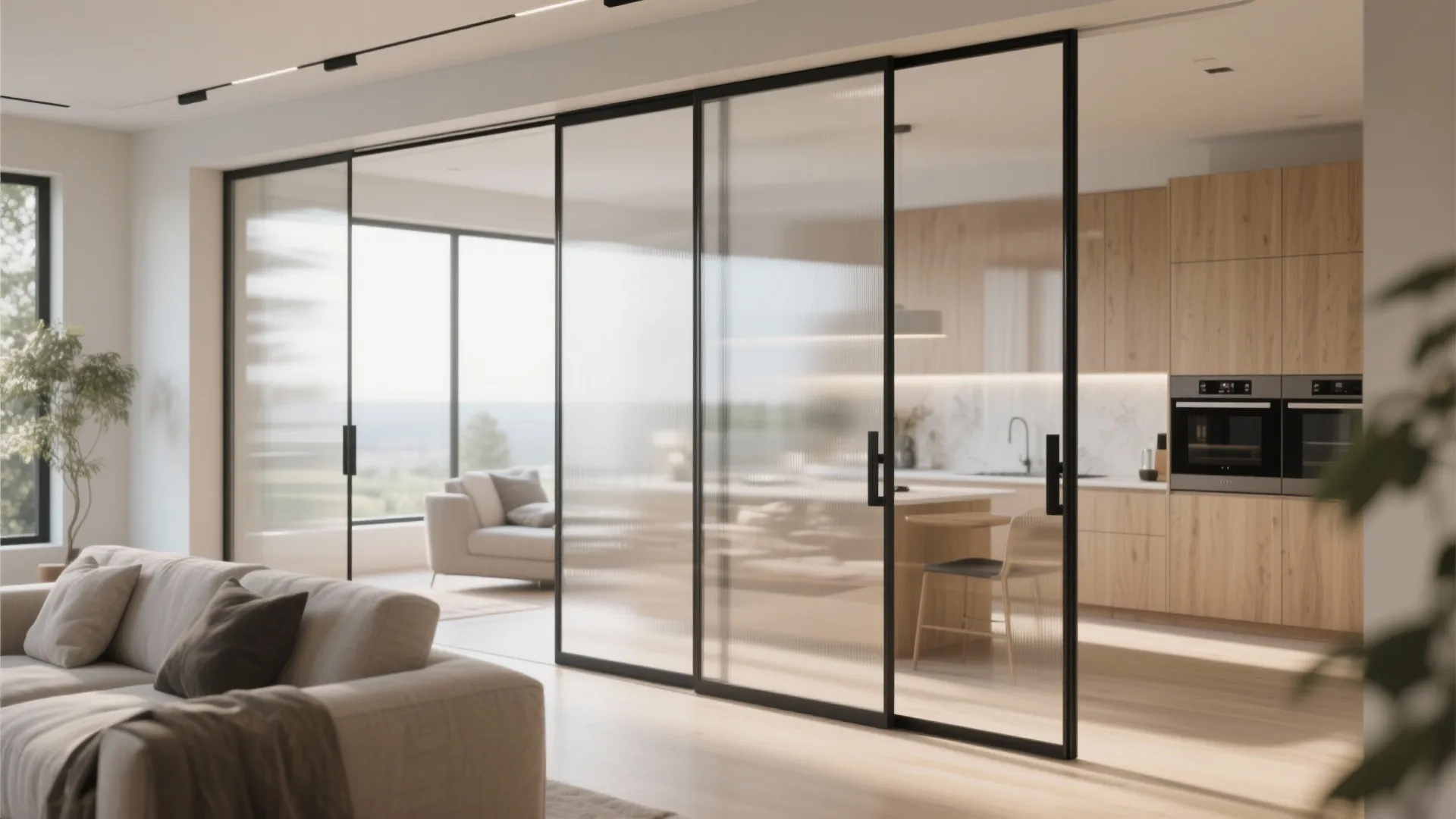 Sliding frosted glass panels separating a tiny kitchen from the living area, allowing light while preserving privacy.