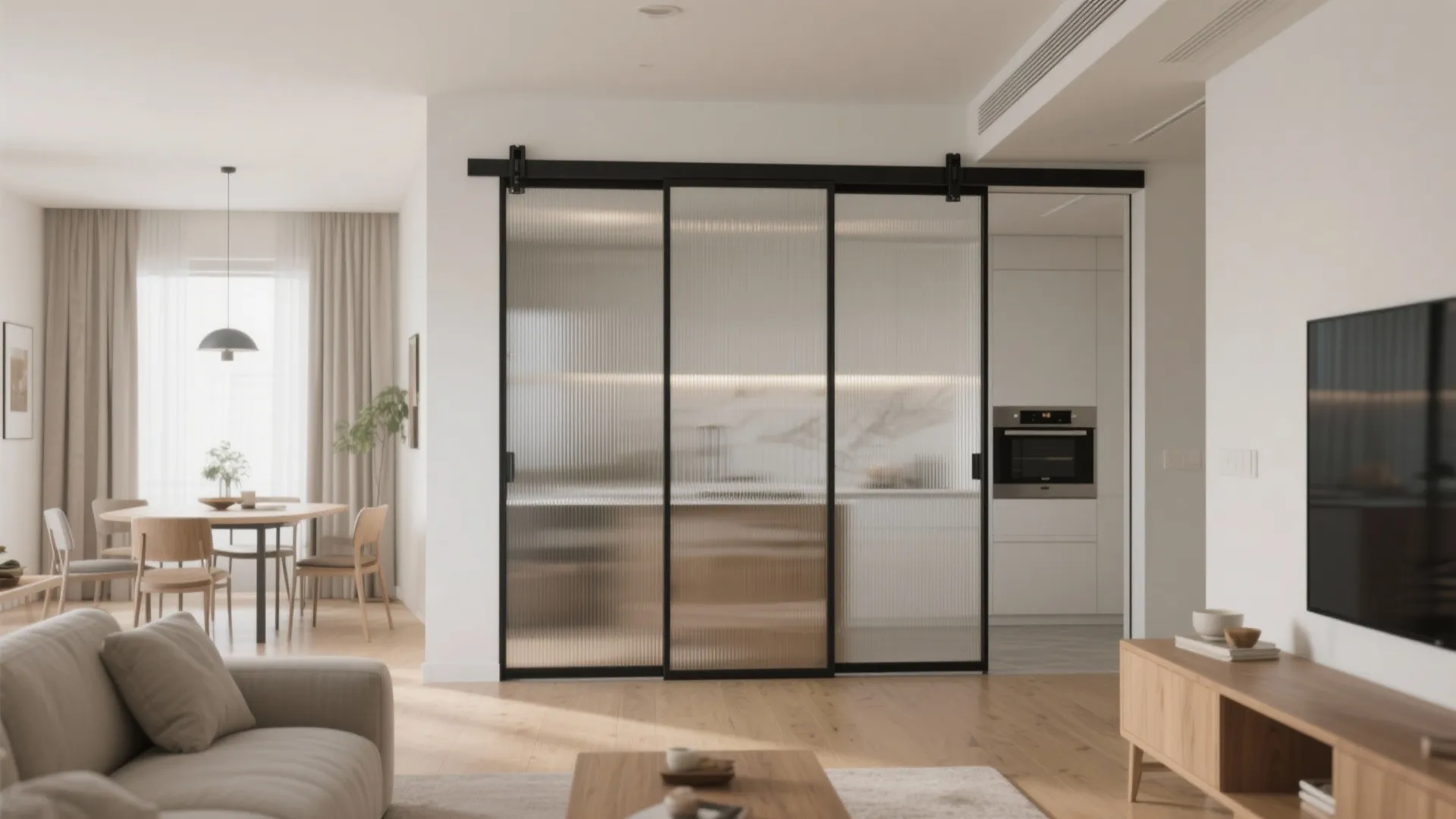 Open-plan living with sliding partitions