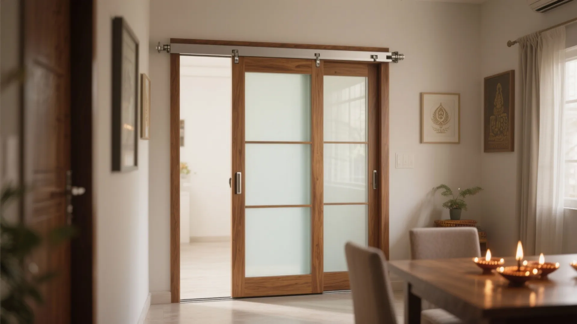 Modern wooden sliding glass doors leading to a bright room with dining table and chairs