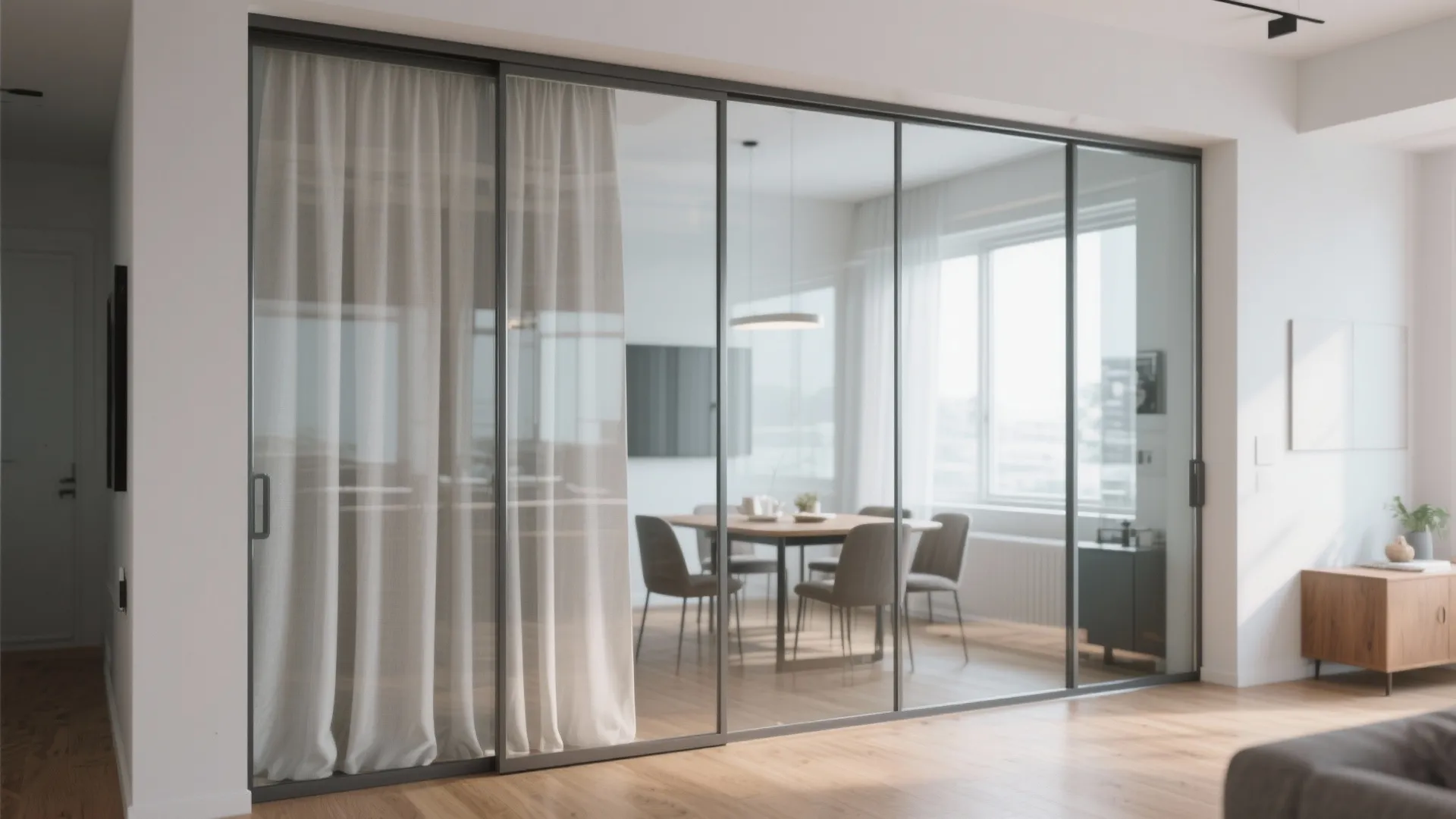 2. Sliding glass partition with curtains