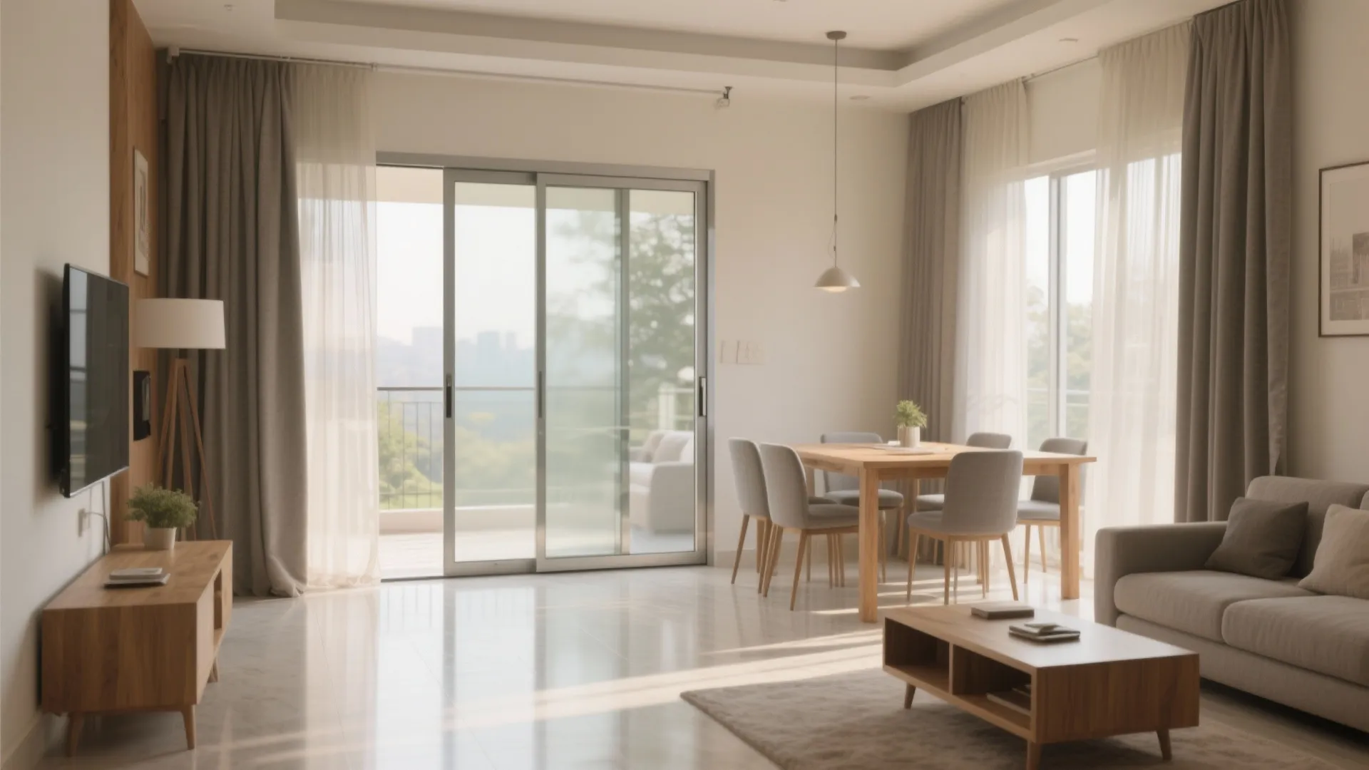 Open-plan living–dining with sliding glass partitions