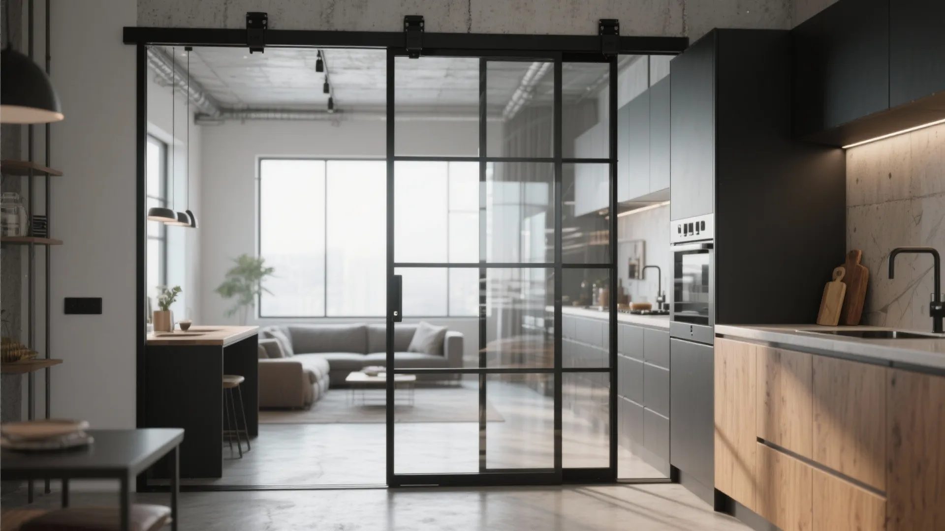 1. Sliding glass partition with framed metal