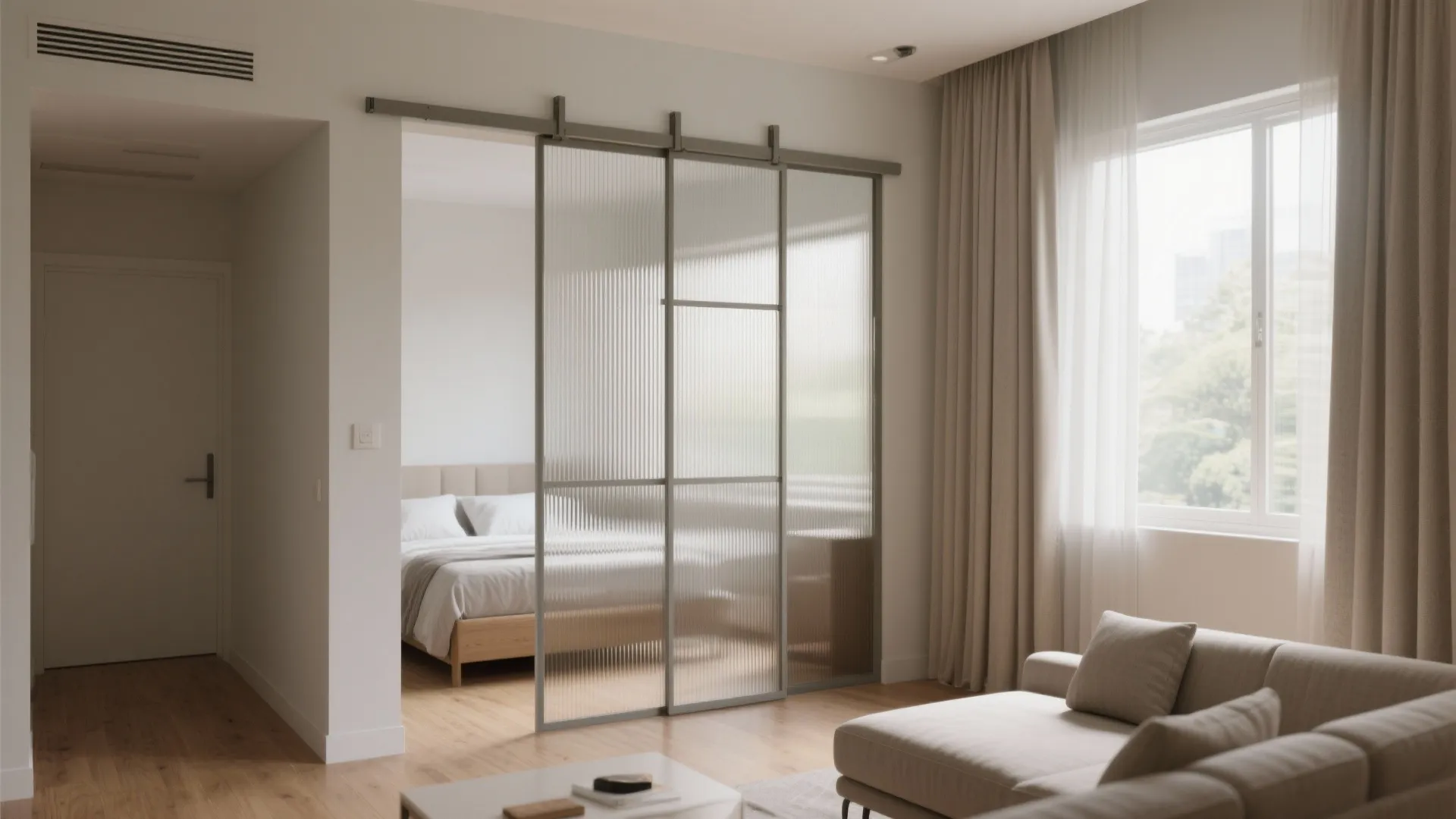 Open-plan living with a sliding glass partition