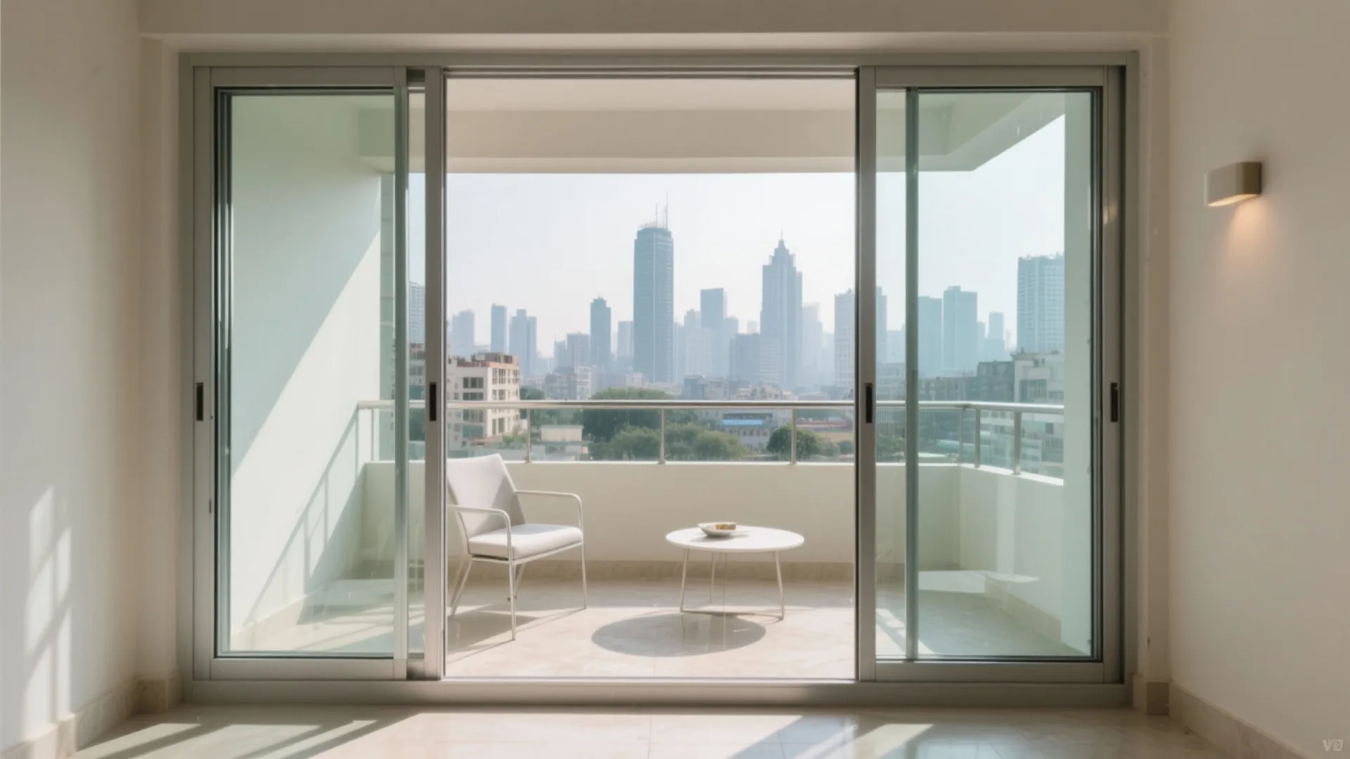 Empty room with sliding glass doors leading to balcony with white chair table and skyscraper view