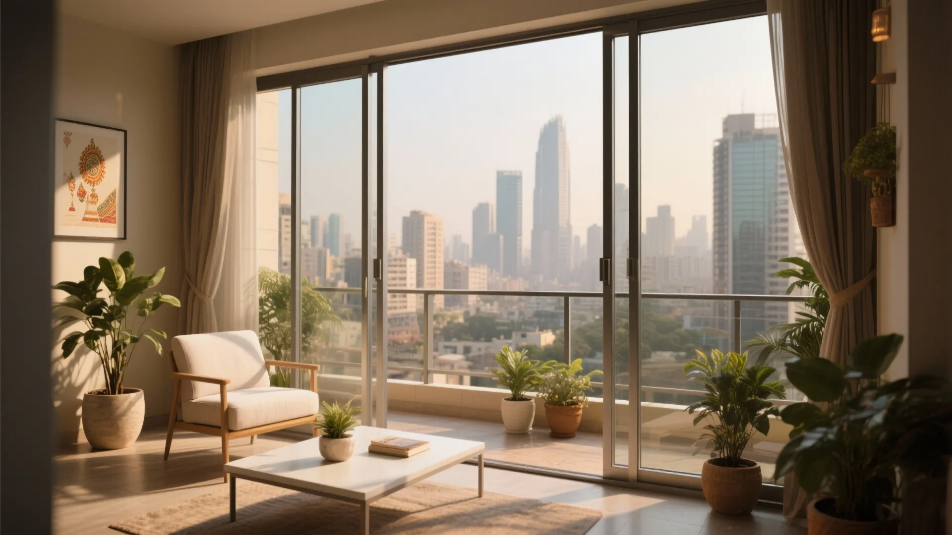 Modern living room with sliding glass doors balcony city view white chair table rug plants