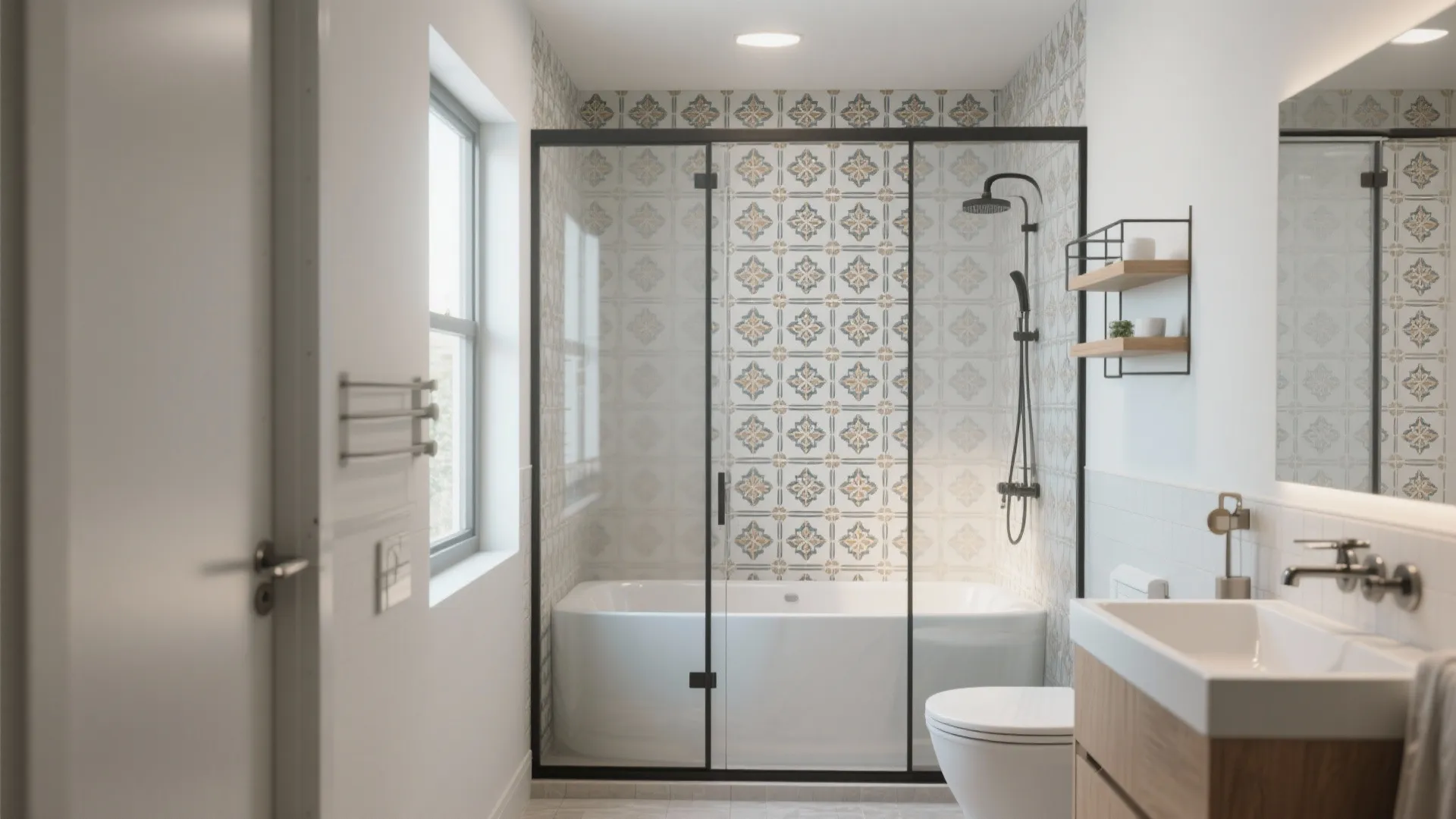 Compact bathroom with sliding glass panels and storage niche