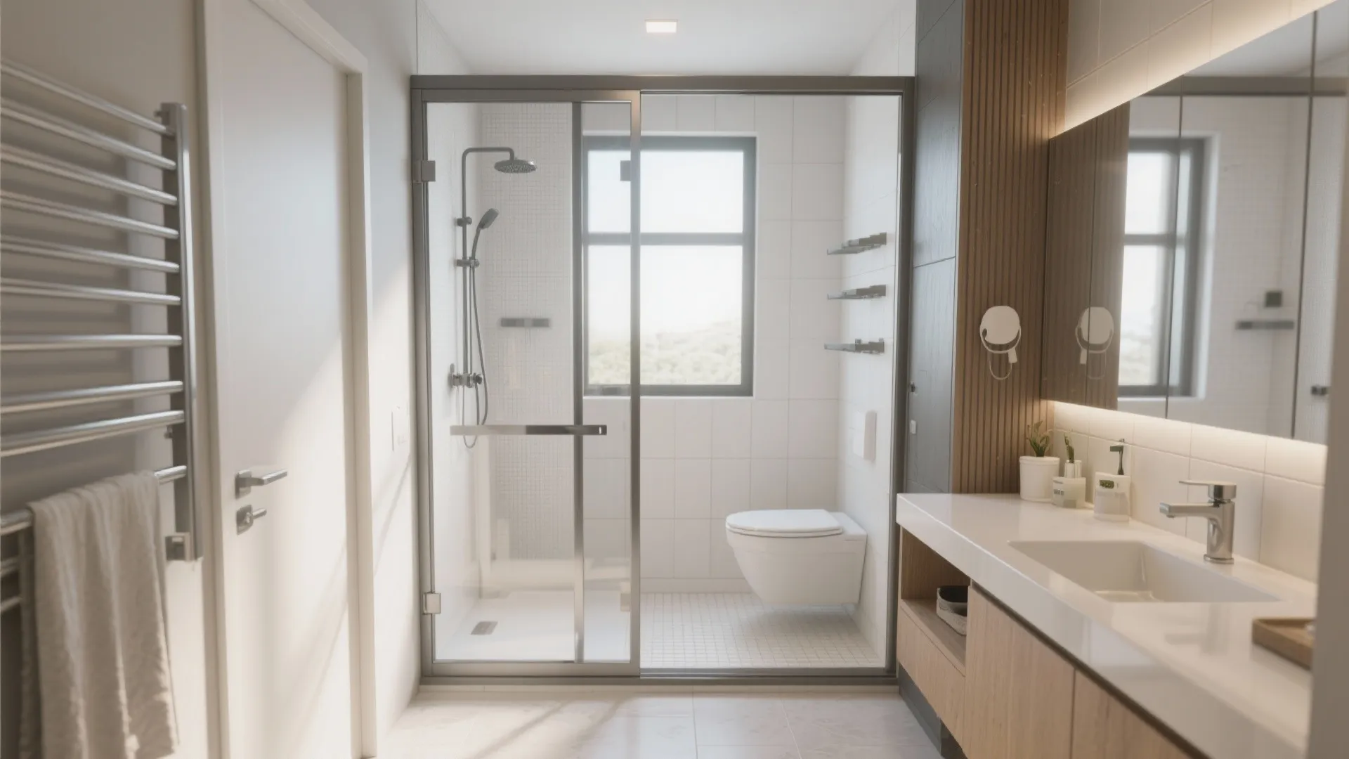 Bright modern bathroom with sliding glass shower door white wall tiles and wooden sink cabinet