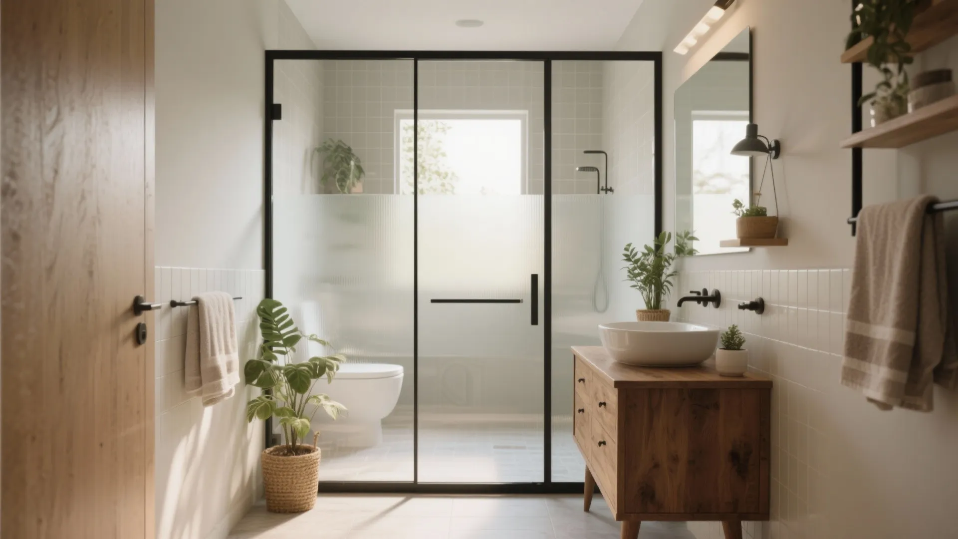 Bright bathroom featuring glass shower screen wooden cabinet white bowl sink and green potted plants
