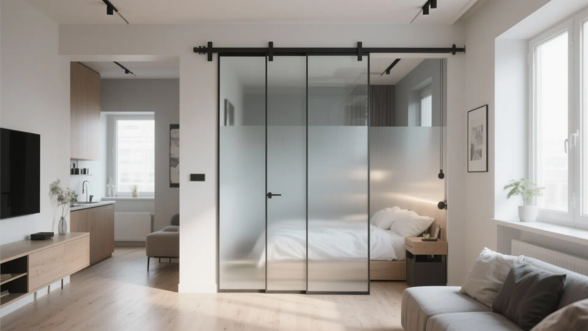Small apartment bedroom enclosed with sliding frosted glass panels