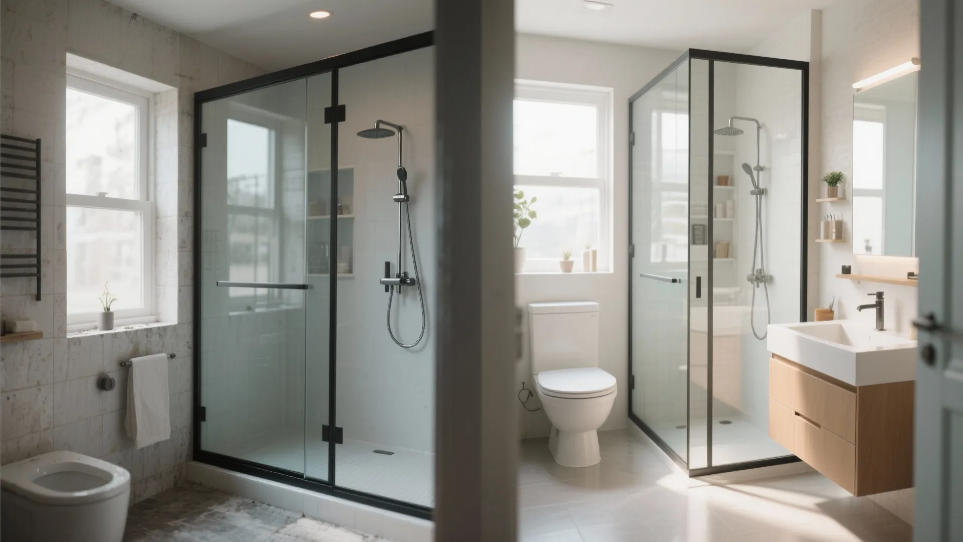 Before and after of a bathroom with slim sliding shower door