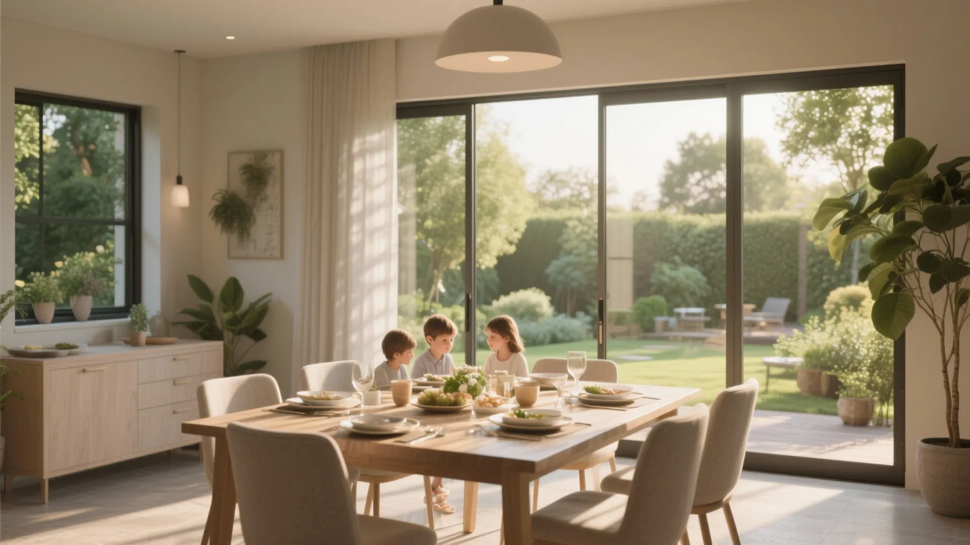Dining room with sliding glass doors opening to a garden
