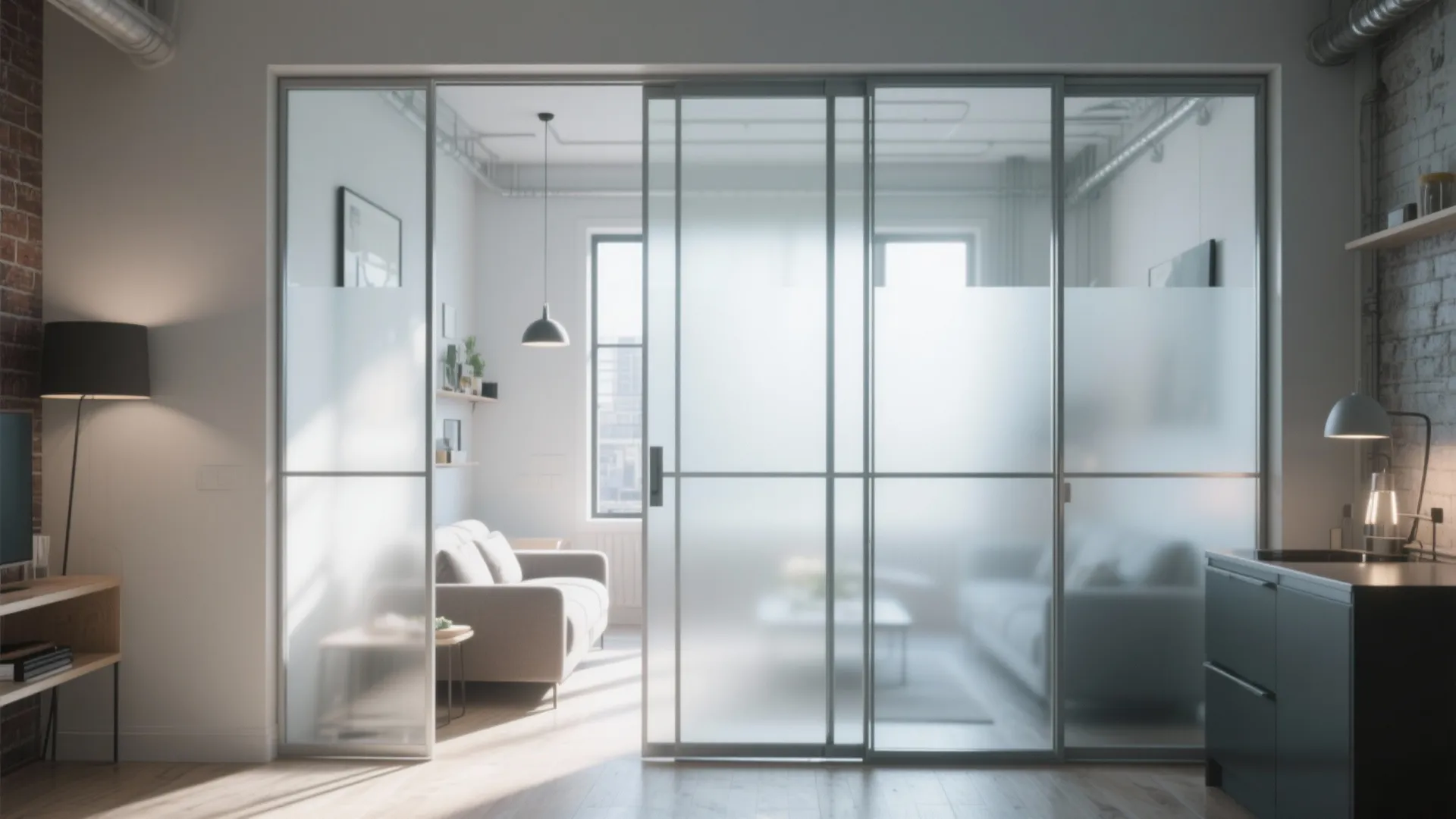 Modern interior design drawing with sliding frosted glass door separating a living room and office area