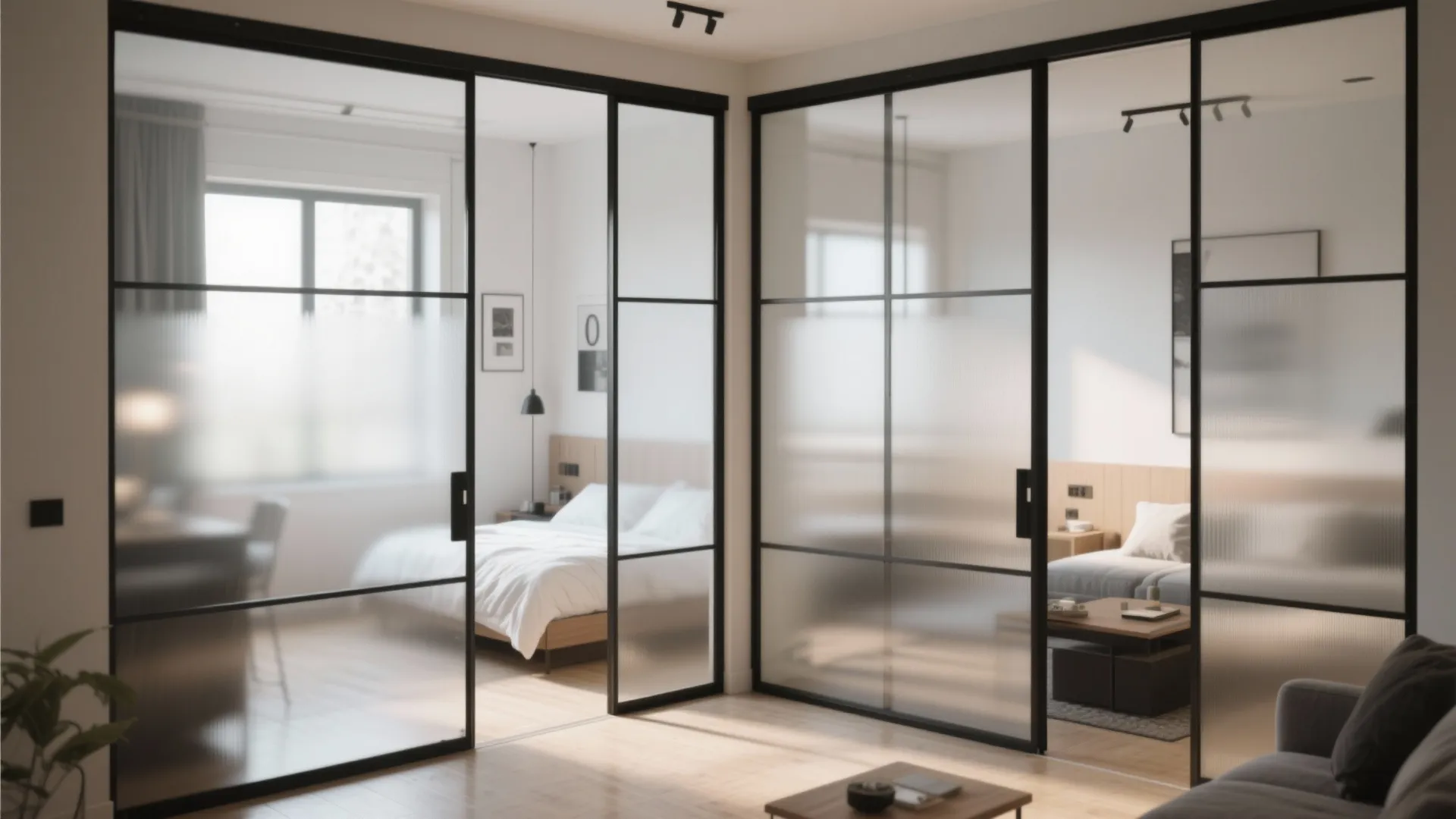 Frosted glass sliding panels dividing bedroom and living area