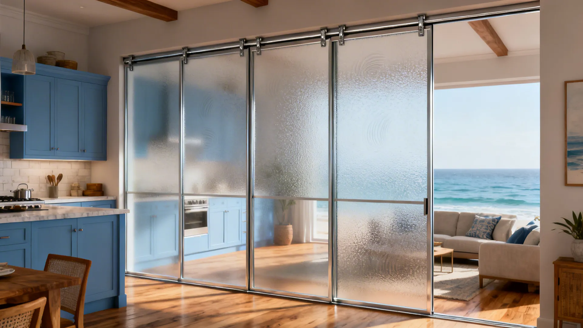 Sliding frosted glass panels separating kitchen from living room with light coming through