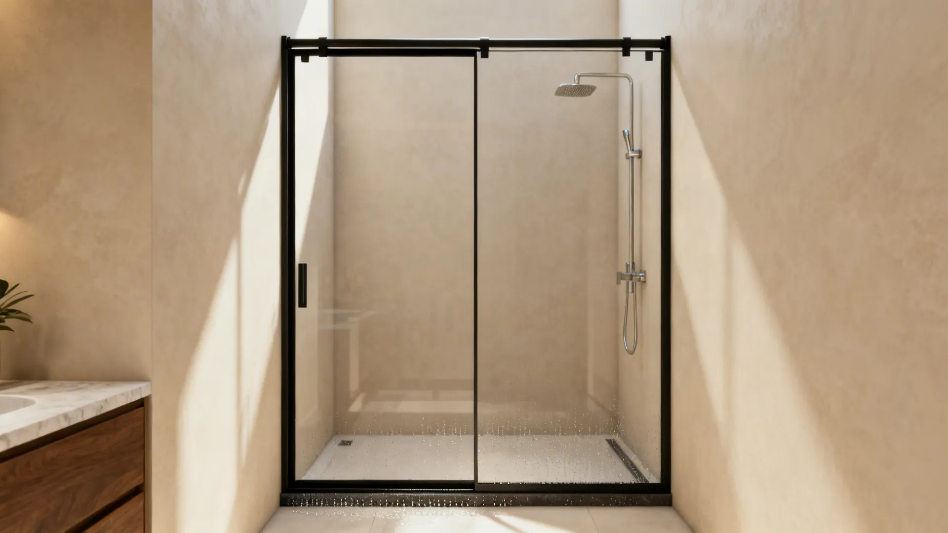 Slim-framed sliding glass shower door in a compact bathroom saving clearance.