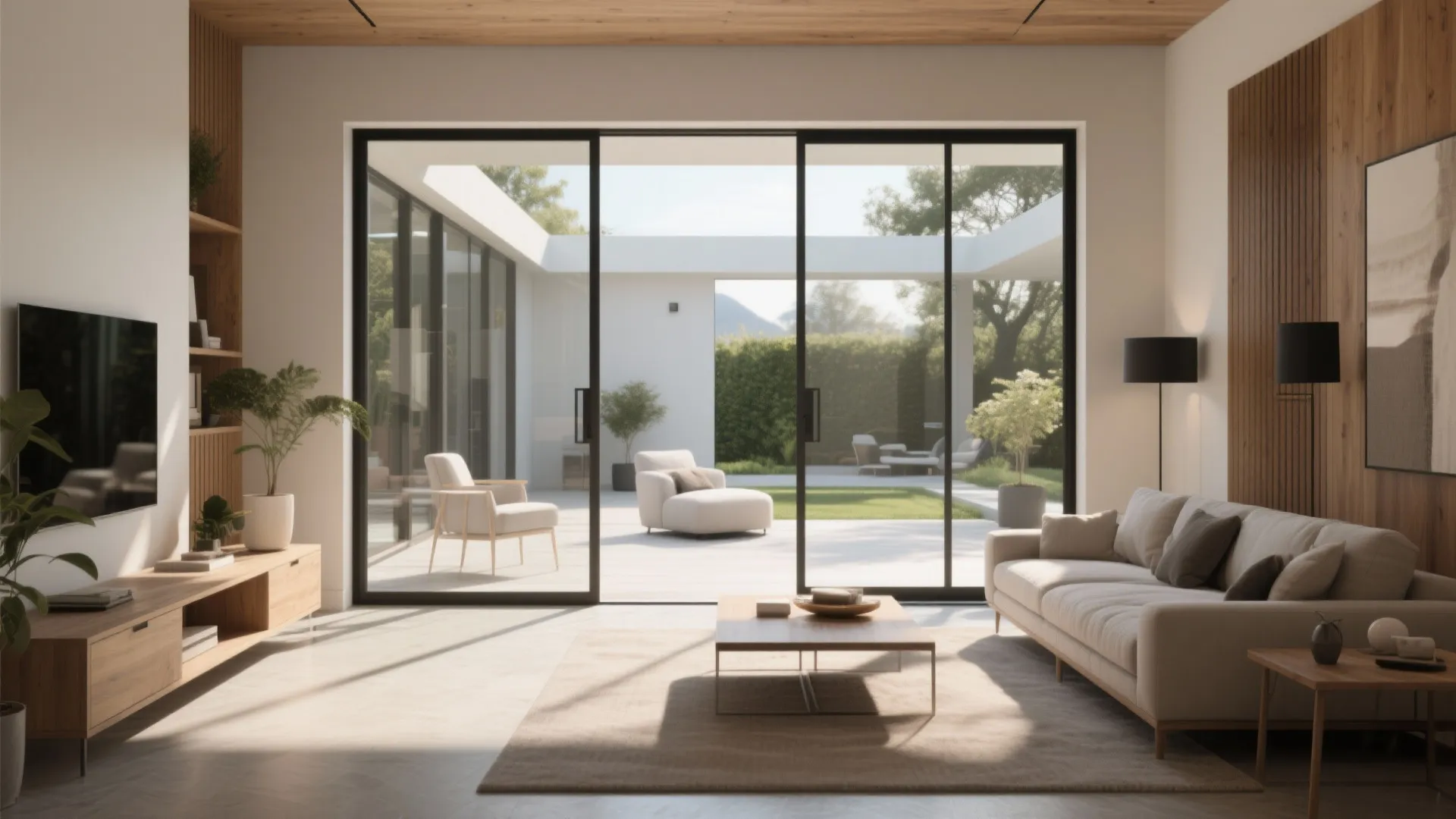 Modern living room with large sliding glass doors opening to a sunny courtyard with trees
