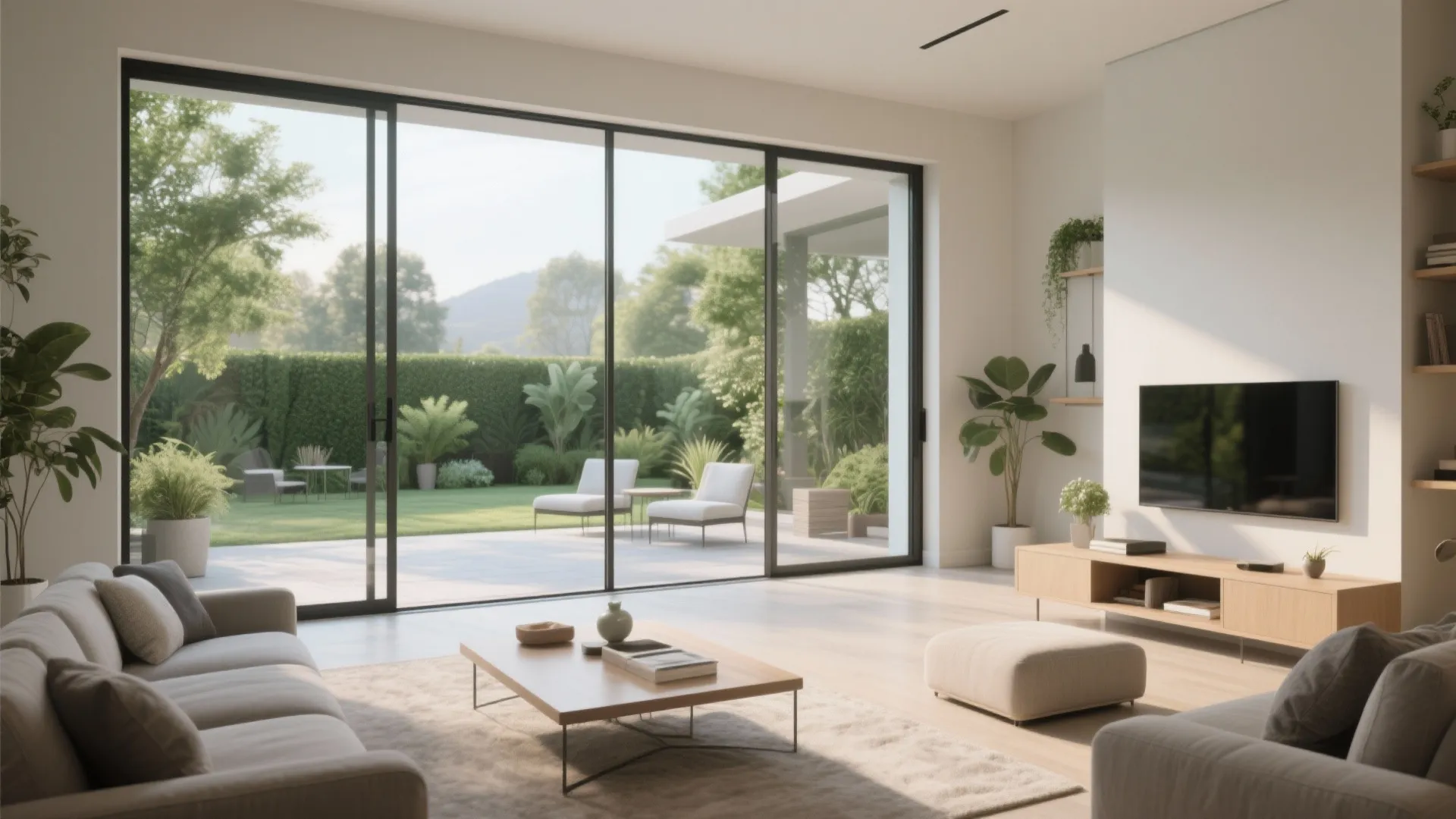 Modern bright living room with sliding glass doors opening onto a green garden and patio