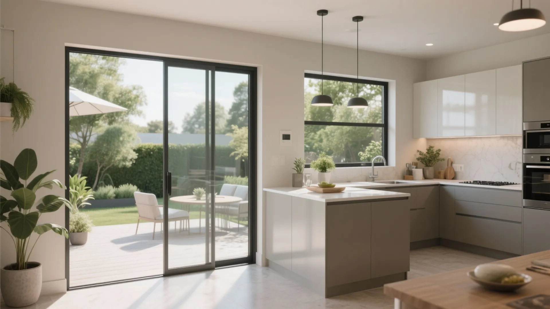 Contemporary kitchen with space-saving sliding glass doors