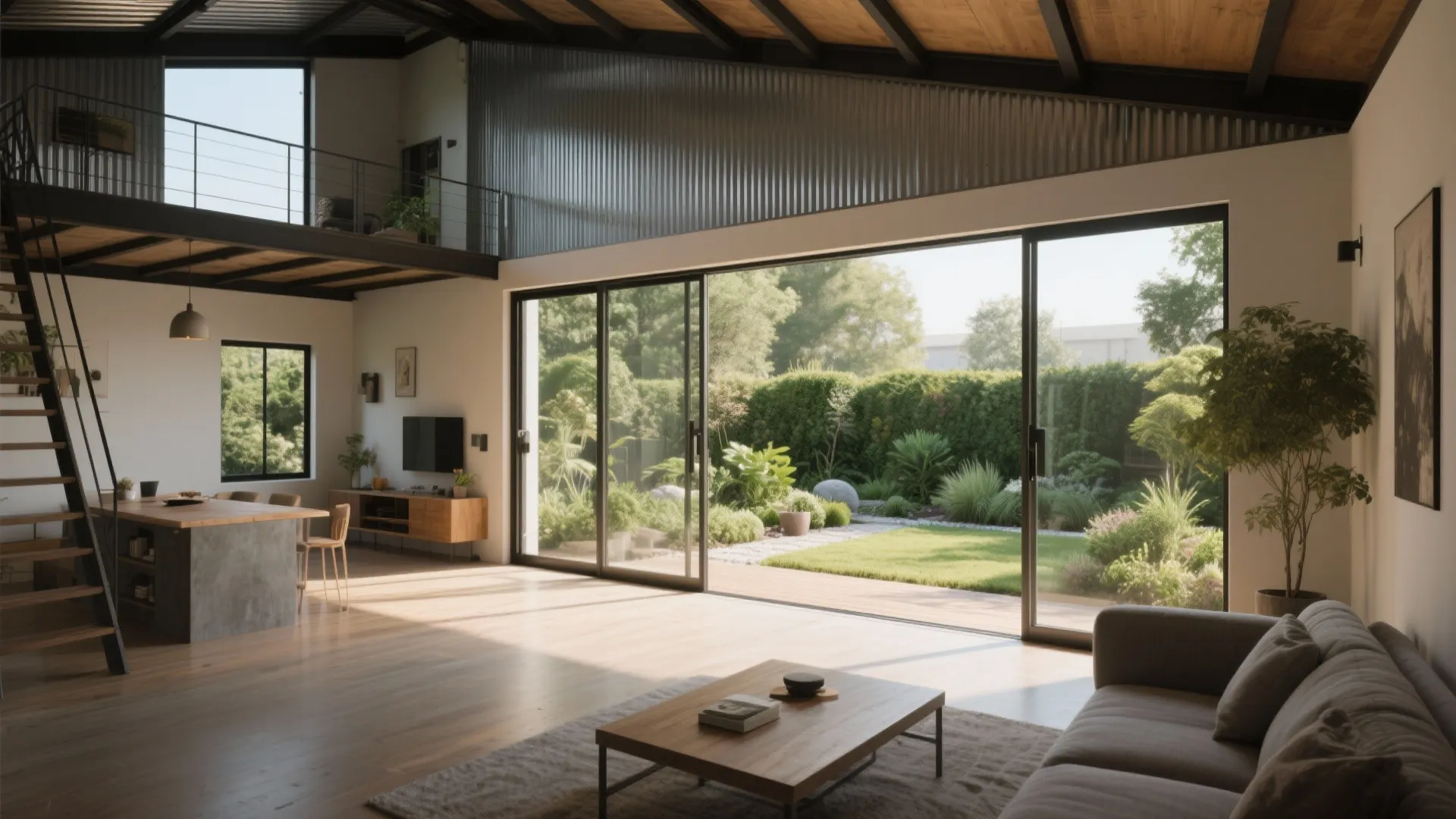 Modern open living area with large sliding windows leading to a lush green backyard garden
