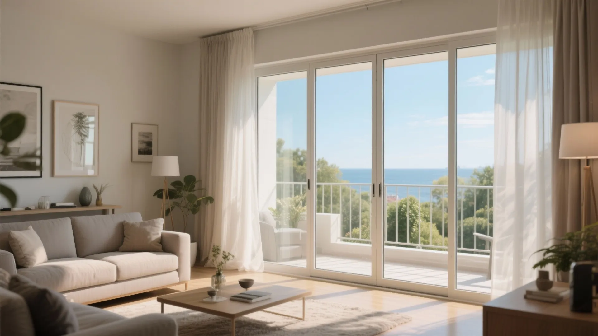Bright living room with white sliding windows opening to a balcony with a sea view
