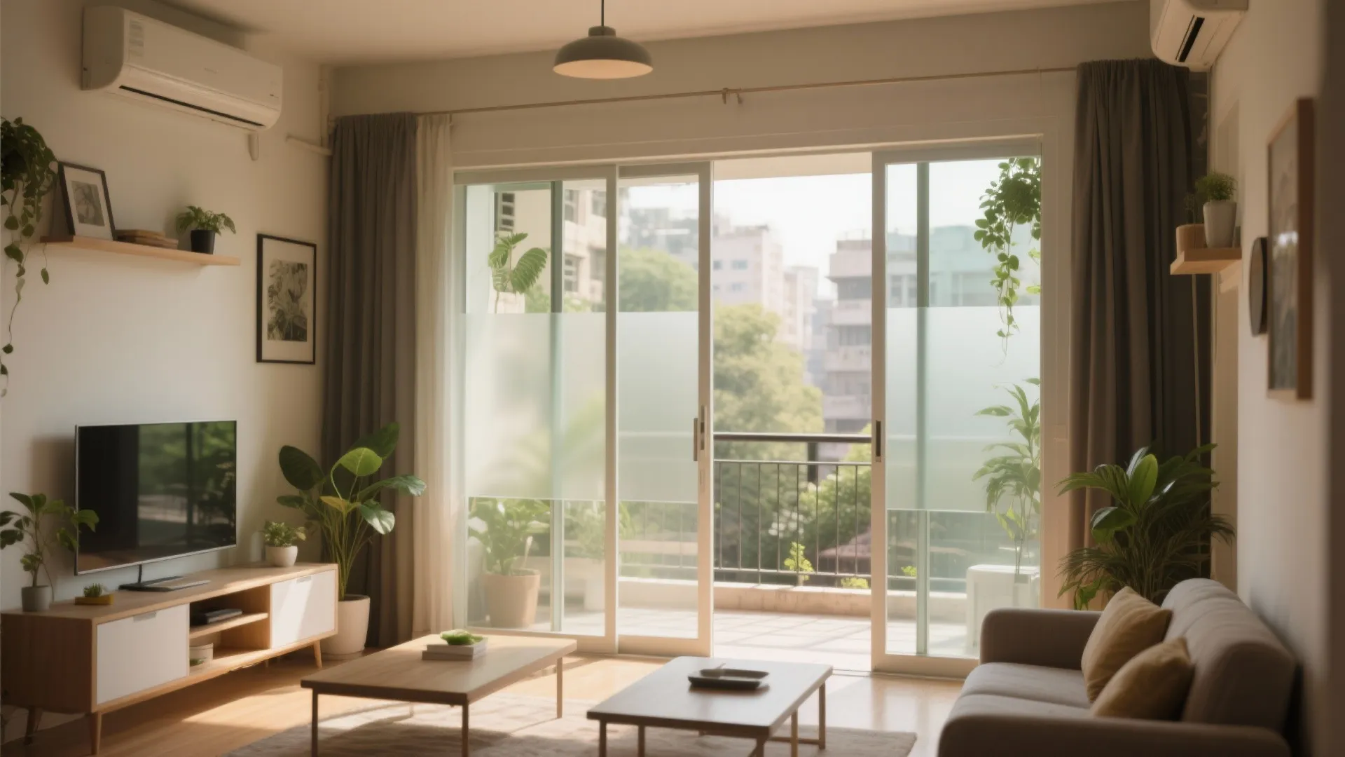 Sliding glass doors with frosted film leading to a balcony in a bright sunny living area