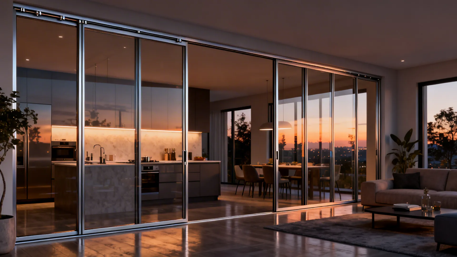 Slim aluminium sliding glass doors separating kitchen and living room while keeping light.