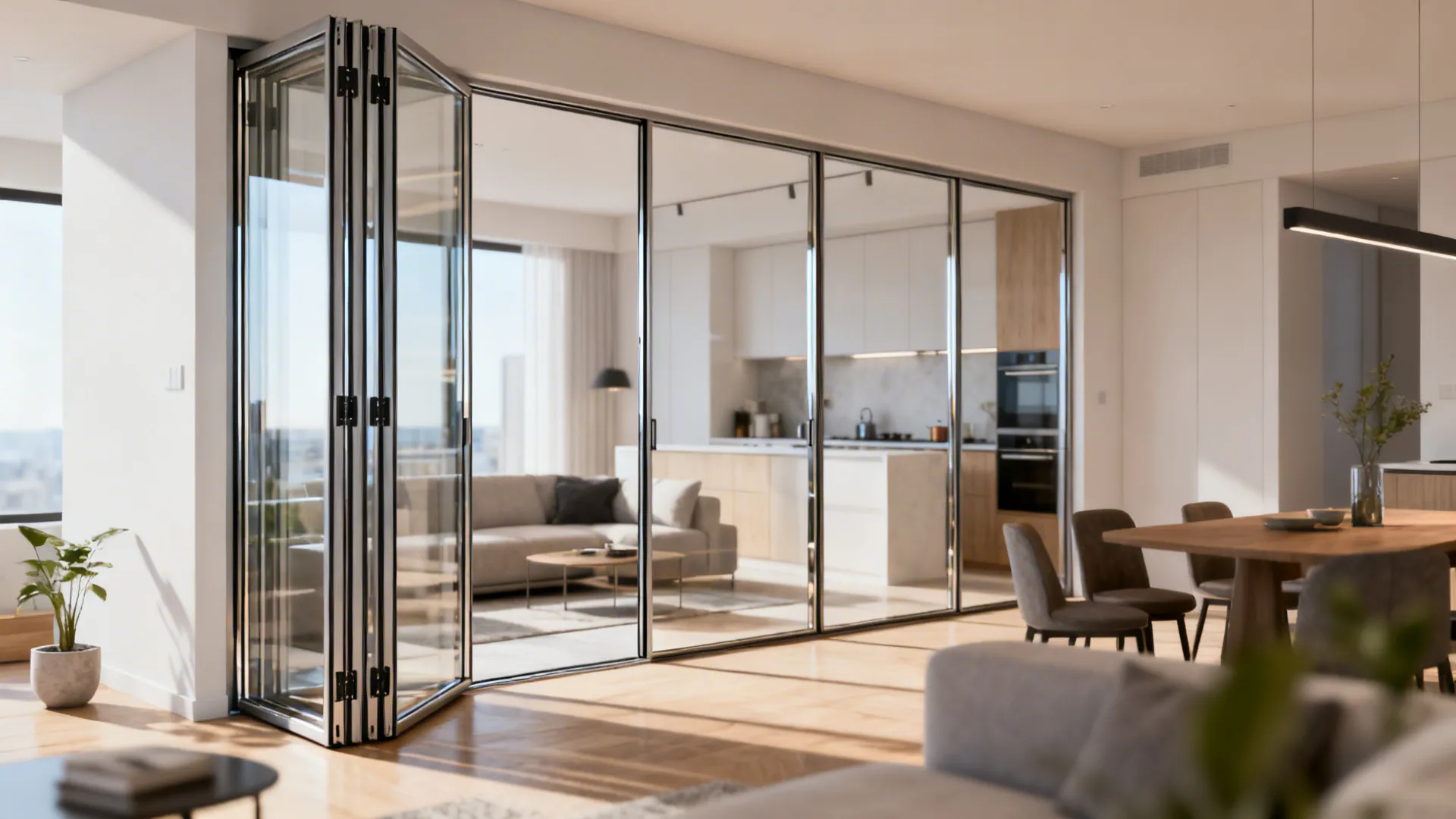 Condo interior showing sliding glass doors between living room and kitchen, open and airy.
