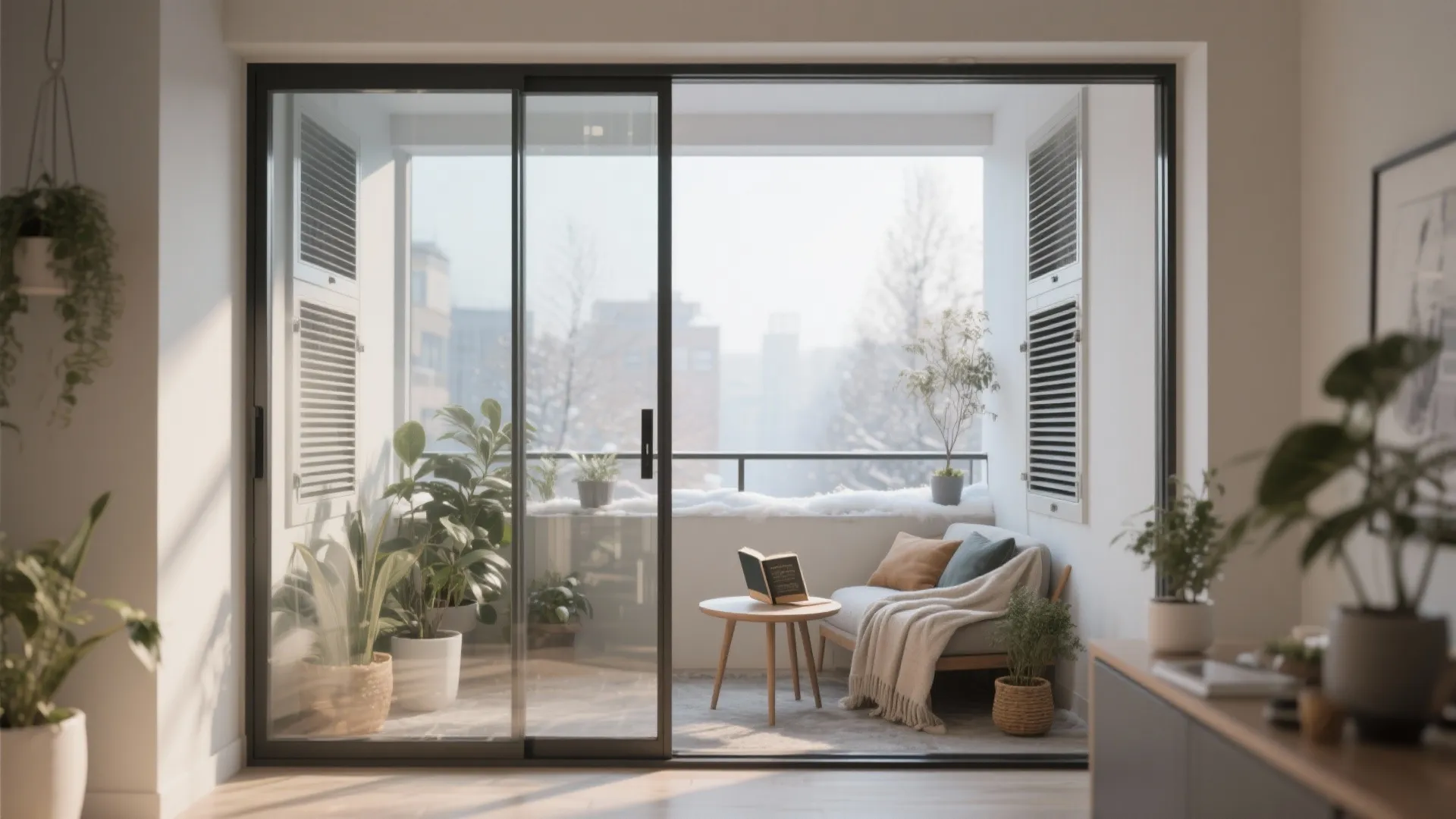 Compact balcony with slim sliding glass panels and vent sections forming a bright winter nook.